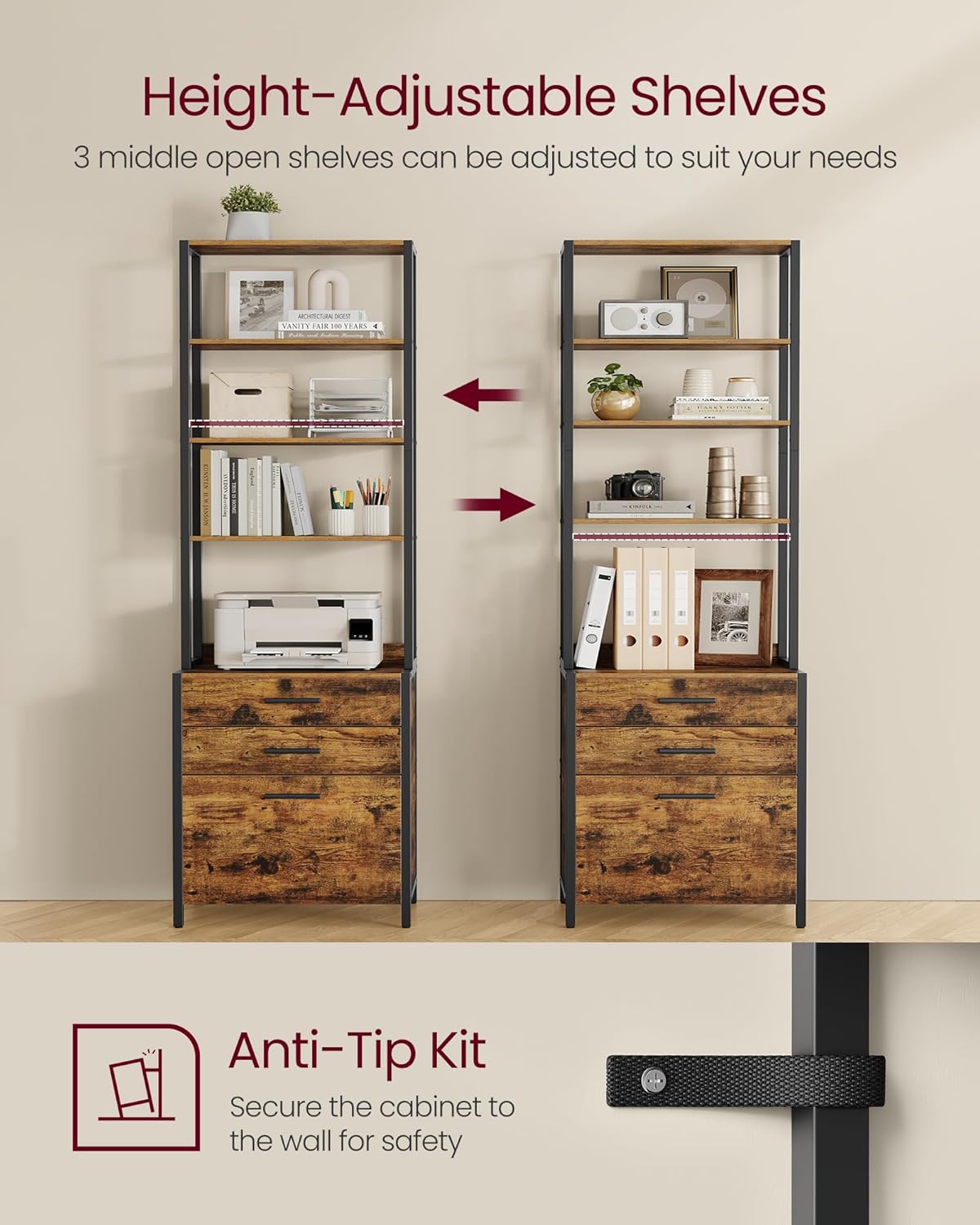 VASAGLE File Cabinet, Home Office Filing Cabinet with Height-Adjustable Open Shelves, 3 Drawers, for A4, Letter-Size Hanging File Folders, Steel Frame, for Home Office, Rustic Brown UOFC078B01