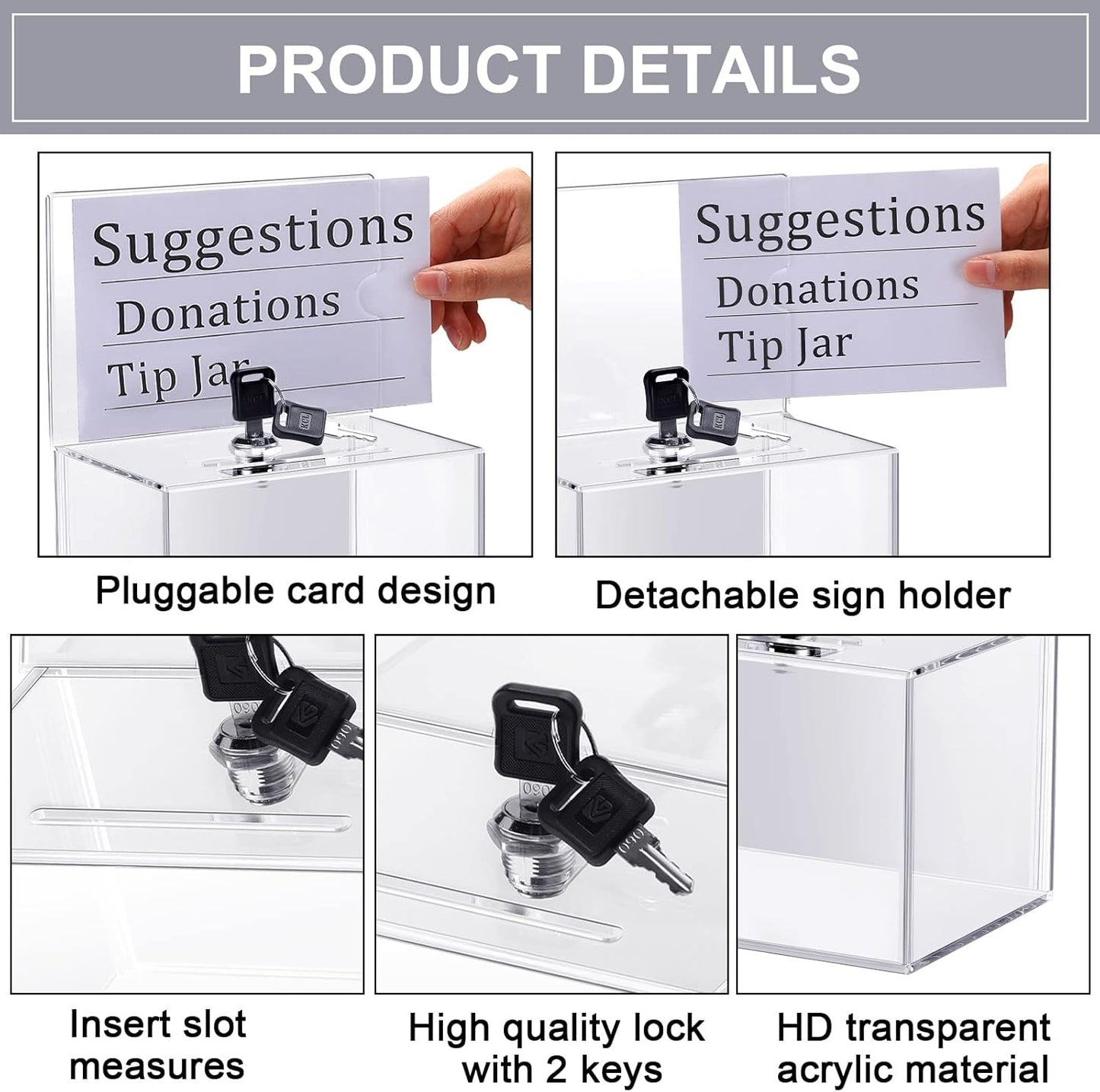 4 Pcs Acrylic Donation Box Suggestion Ballot Box for Fundraising with Lock and Sign Holder Raffle Donation Jar Tip Ticket Storage for Business Cards Voting Charity, 6.1 x 4.3 x 3.8 Inch(Clear)
