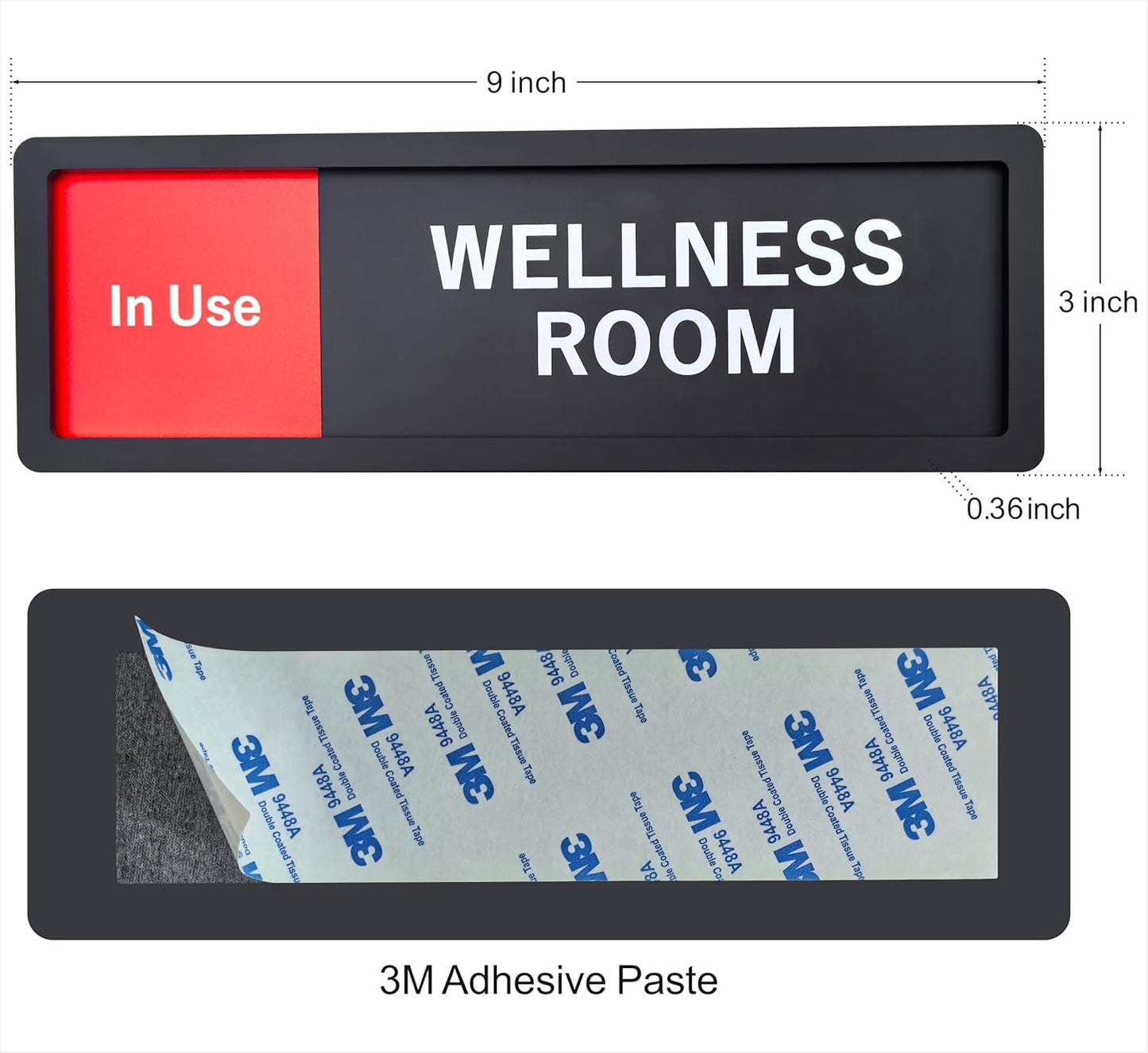 Wellness Room Sign – Privacy In Use / Available Slide Switch Sign, Premium Durable Acrylic Material, Super Strong Self-Adhesive, Quick Installation, Suitable For Your Home And Business ( 9×3 Inches, Black) (Wellness Room)