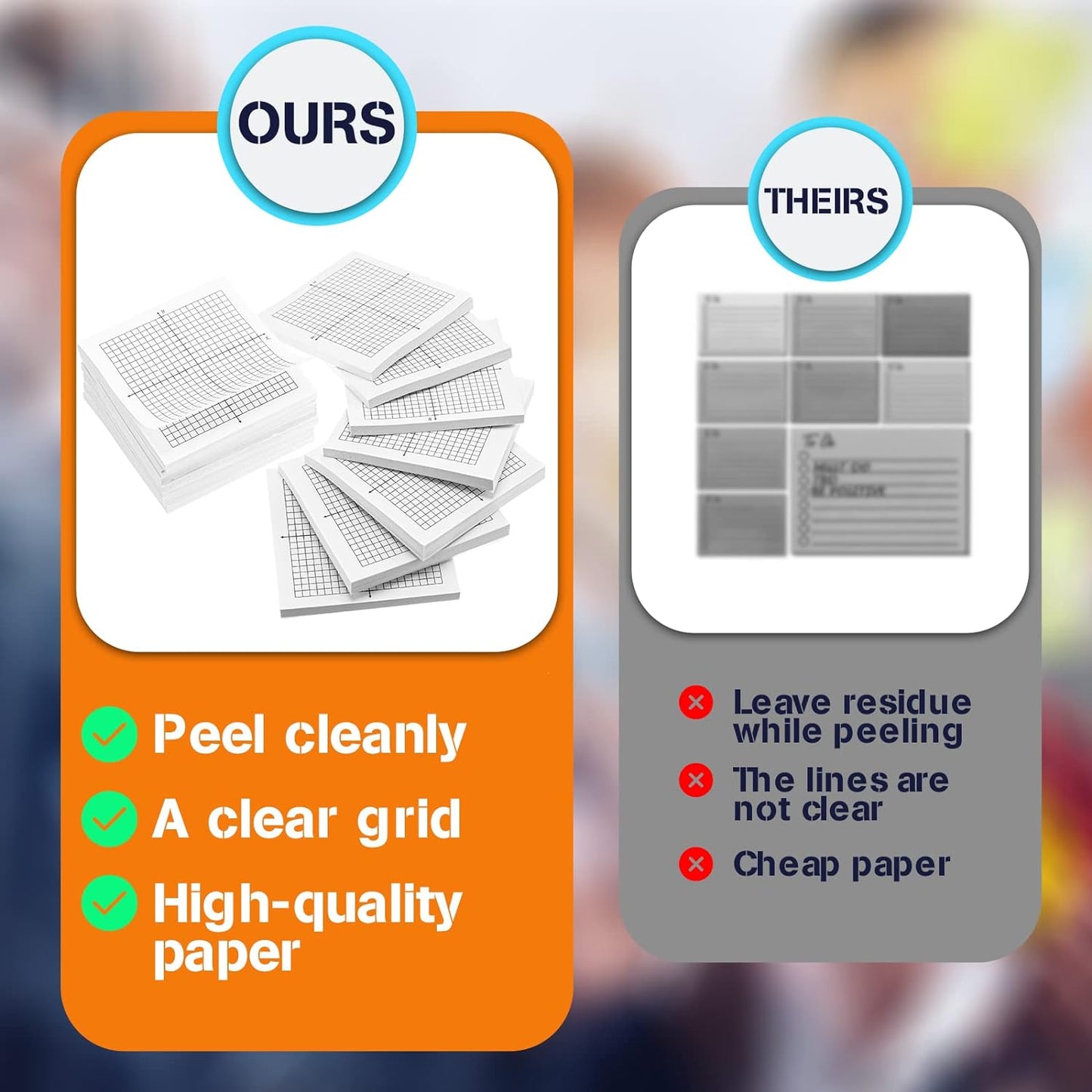 Sabary 8 Packs Graph Paper Sticky Notes 400 Sheets 3 x 3 Inch Lined Mini Graph Pads 20 x 20 Four Quadrant Adhesive Grid Sticky Notes for Office School Math Supplies(8 Pads)
