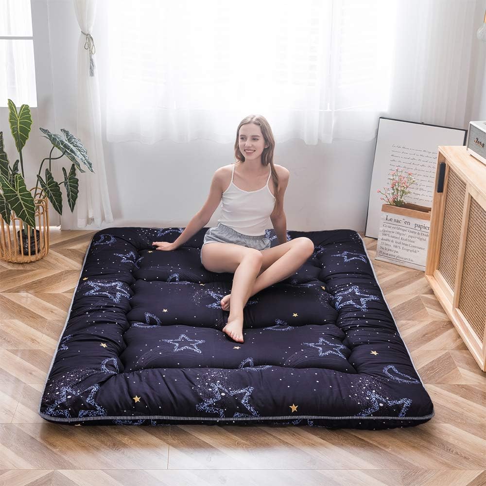 MAXYOYO Japanese Futon Mattress Floor Mattress Sleeping Pad Foldable Bed Roll Up Camping Cushion Floor Lounger Bed Couches and Sofas Couch Topper, Moon and Star, King Size