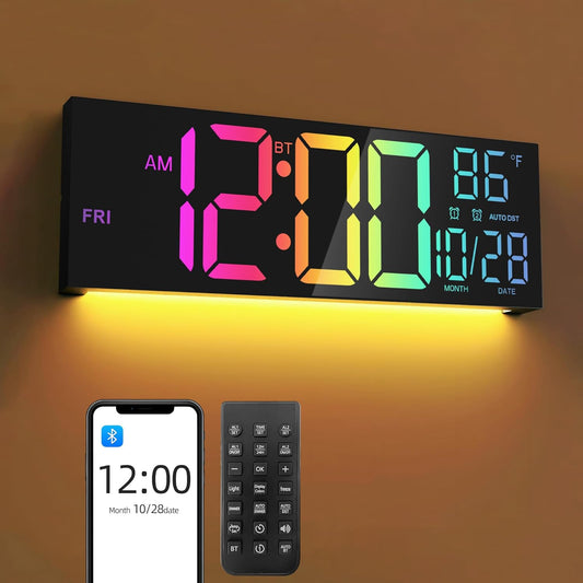 16.5" Large LED Wall Clock with Bluetooth Sync, Night Light, DST, 2 Alarms, RGB Color, Temperature, Remote Control, 12/24H, Timer for Living Room, Bedroom, Desk, Gift for Mother Father Elderly
