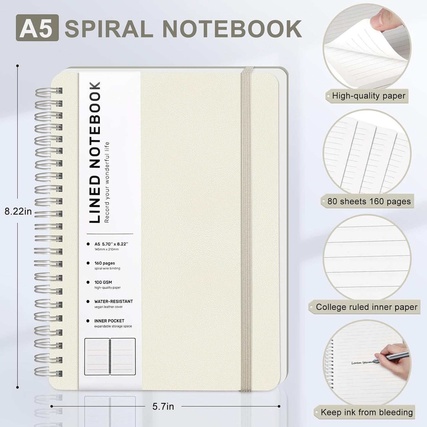 Lined Spiral Journal Notebook, A5 Hardcover Leather Notebook for Work, 5.7''×8.2'', 100GSM Thick Paper Spiral Bound Journaling Notebook for Women Men Office School Note Taking Business, Morandi Cream