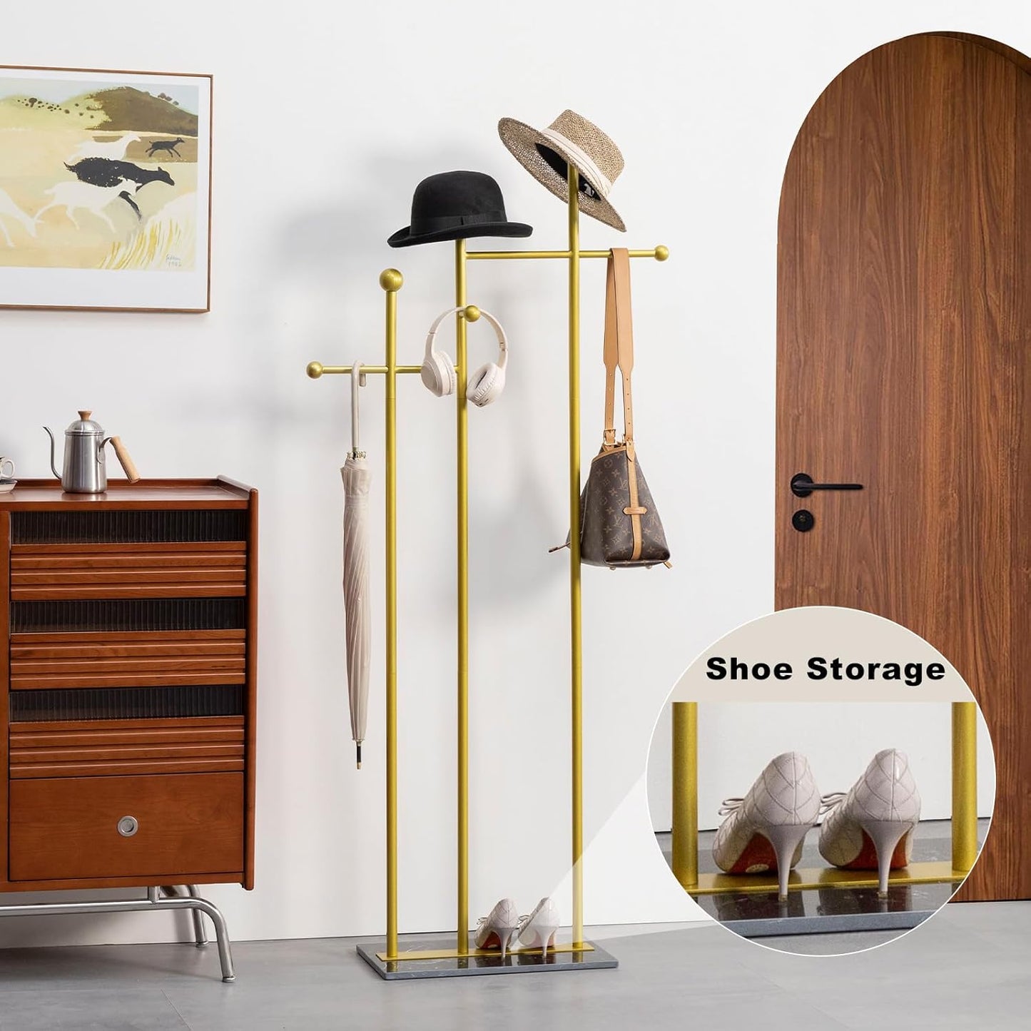 Standing Coat Rack with Marble Base Heavy Duty Clothes Hanger Rack Metal Coat Tree for Clothes Hats Scarfs Purses 19.69 x 11.02 x 68.9 Inches (Gold)