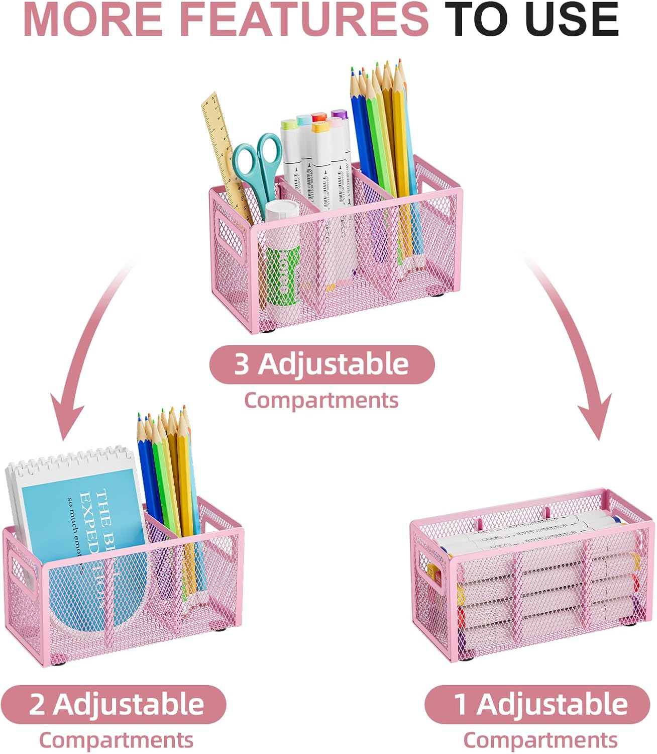 Marbrasse Mesh Pen Holder for Desk,Pencil Holder Desk Organizer 3 Adjustable Compartments,Pencil Cup with Handle Perfect for Classroom, Office, Home,Makeup,Art (Pink)