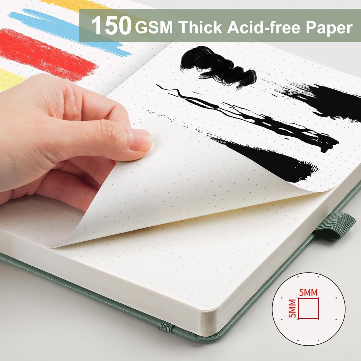 AHGXG Bullet Dotted Journal - 150 GSM Dot Grid Notebook Journal, Thick Acid-Free Paper, A5 Dotted Notebook 128 Pages, Leather Hardcover, Inner Pocket, Journal Stencil, 5.7'' × 8.3'' - Sage Green