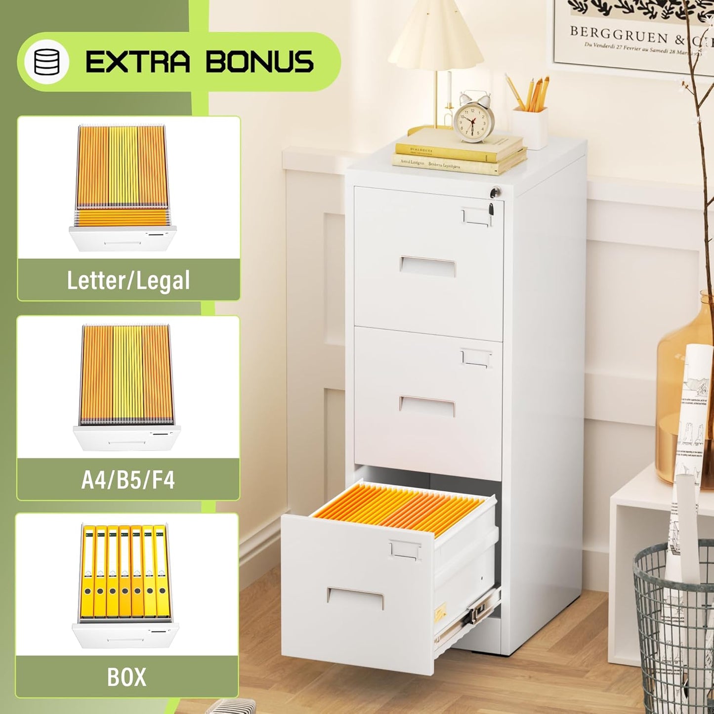 Crownland Lateral File Cabinet with 3 Drawers, 15" W Metal Lockable Office File Cabinets for Home Office- Stores Letter/Legal/A4/F4 Files(White)