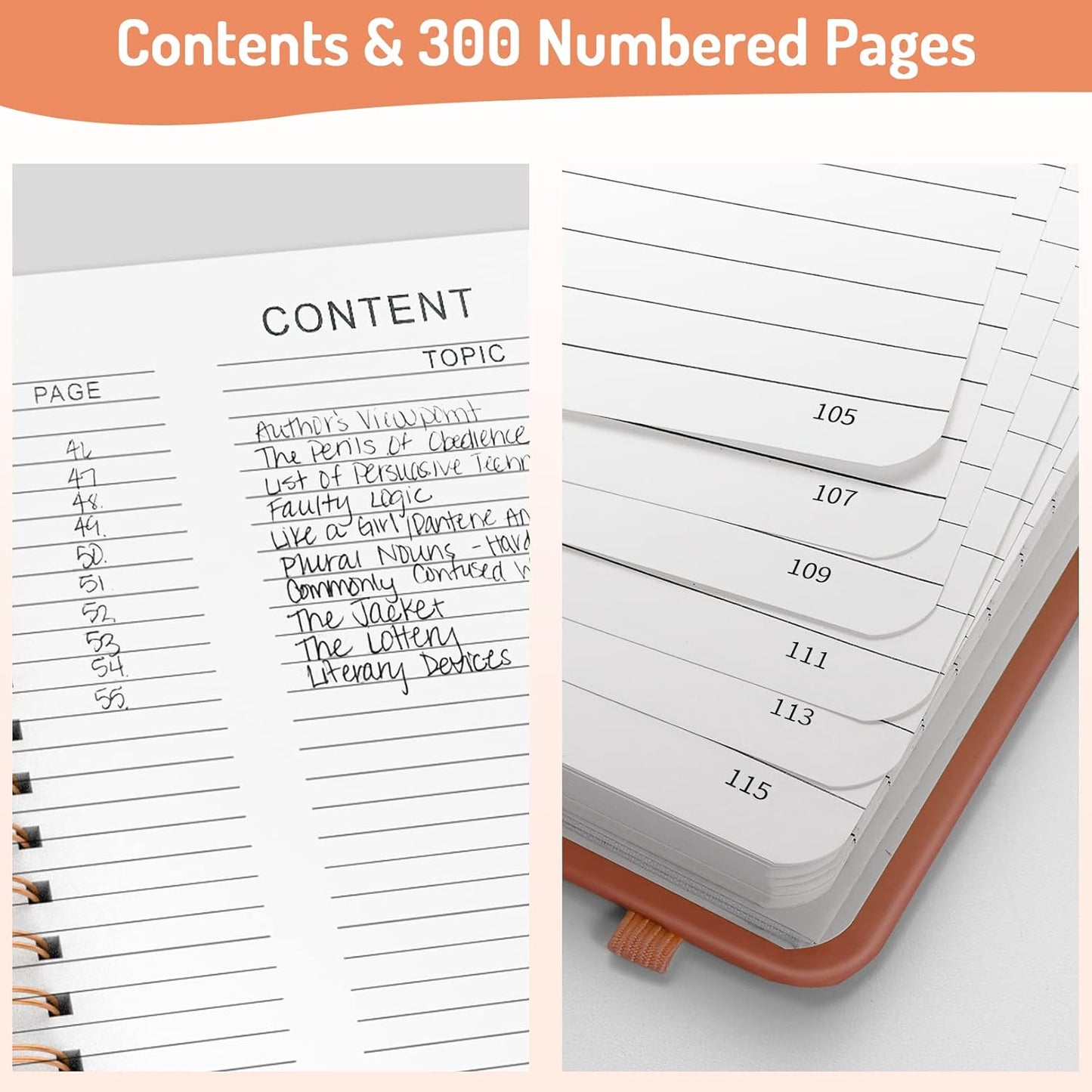 Forvencer Lined Spiral Journal Notebook with 300 Numbered Pages, B5 College Ruled Thick Journals for Writing with 100GSM Paper, Hardcover Notebooks with Contents for Work, School, Women, Men, Orange