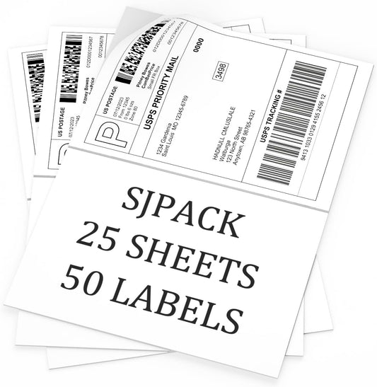 50 Half Sheet Self Adhesive Shipping Labels, 8.5" x 5.5" Address Labels for Laser & Inkjet Printers(50 labels-25 Sheet)