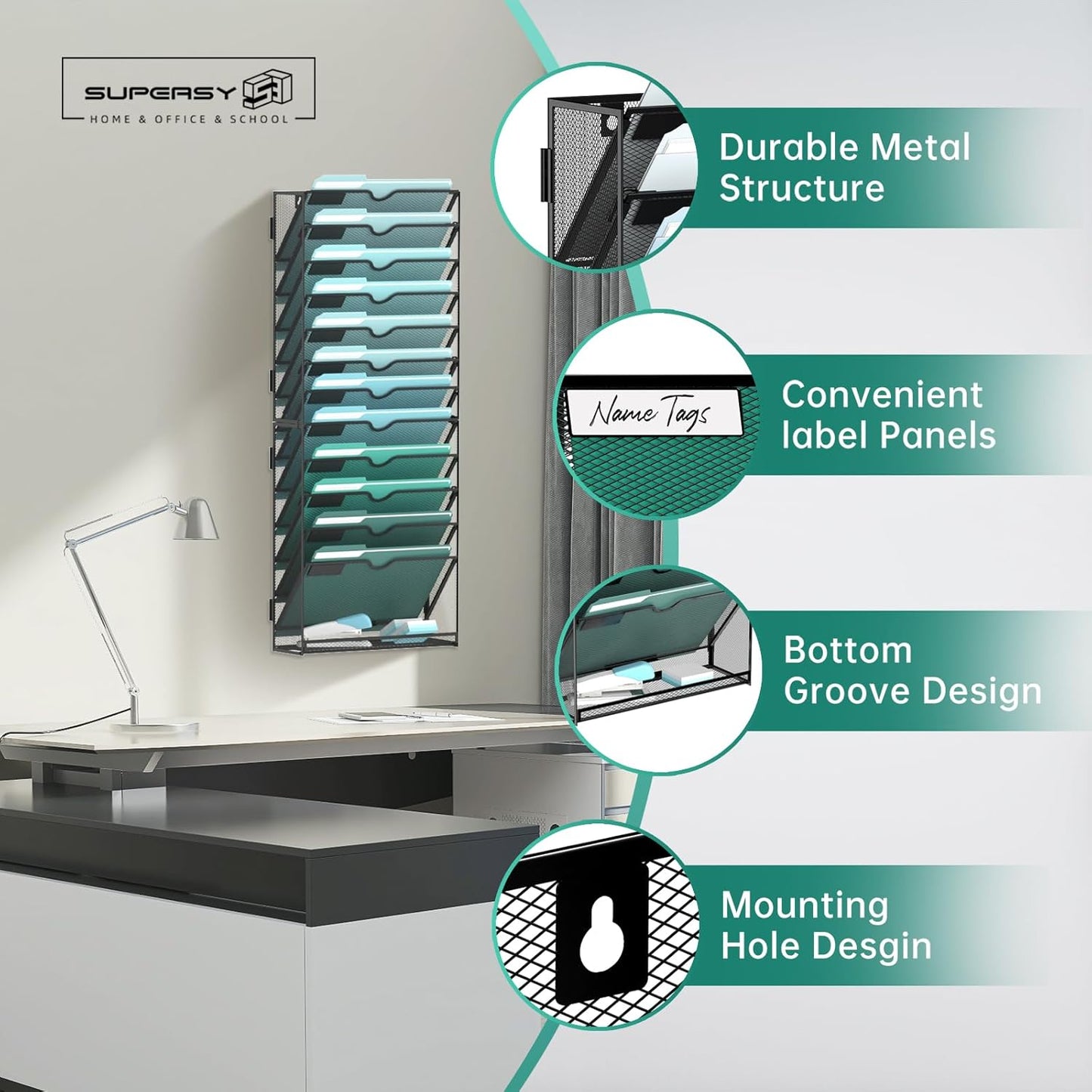 SUPEASY 13-Tier Wall File Organizer, Hanging Wall Files for Papers, Folders, Magazines, Wall Organizer for Clipboard, Assembly Needed, Black, 2 Pack