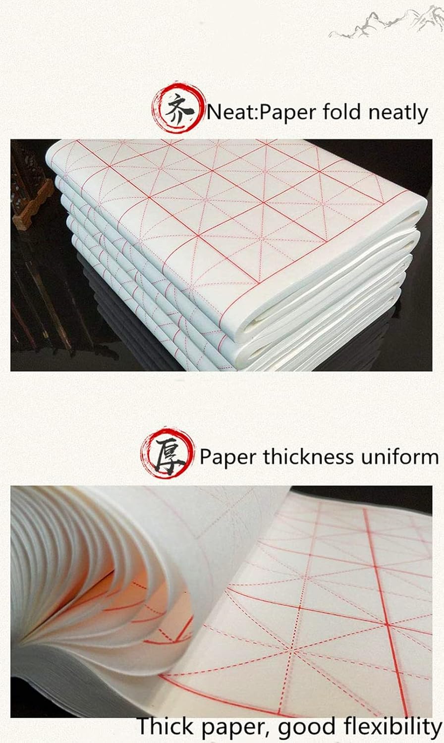 MEGREZ Chinese Calligraphy Xuan Paper Brush Writing Sumi Paper Xuan Paper Rice Paper with Grids for Students, Beginners Practice Kanji Japanese Calligraphy, 100 Sheets/Pack, 7.5cm/Grid