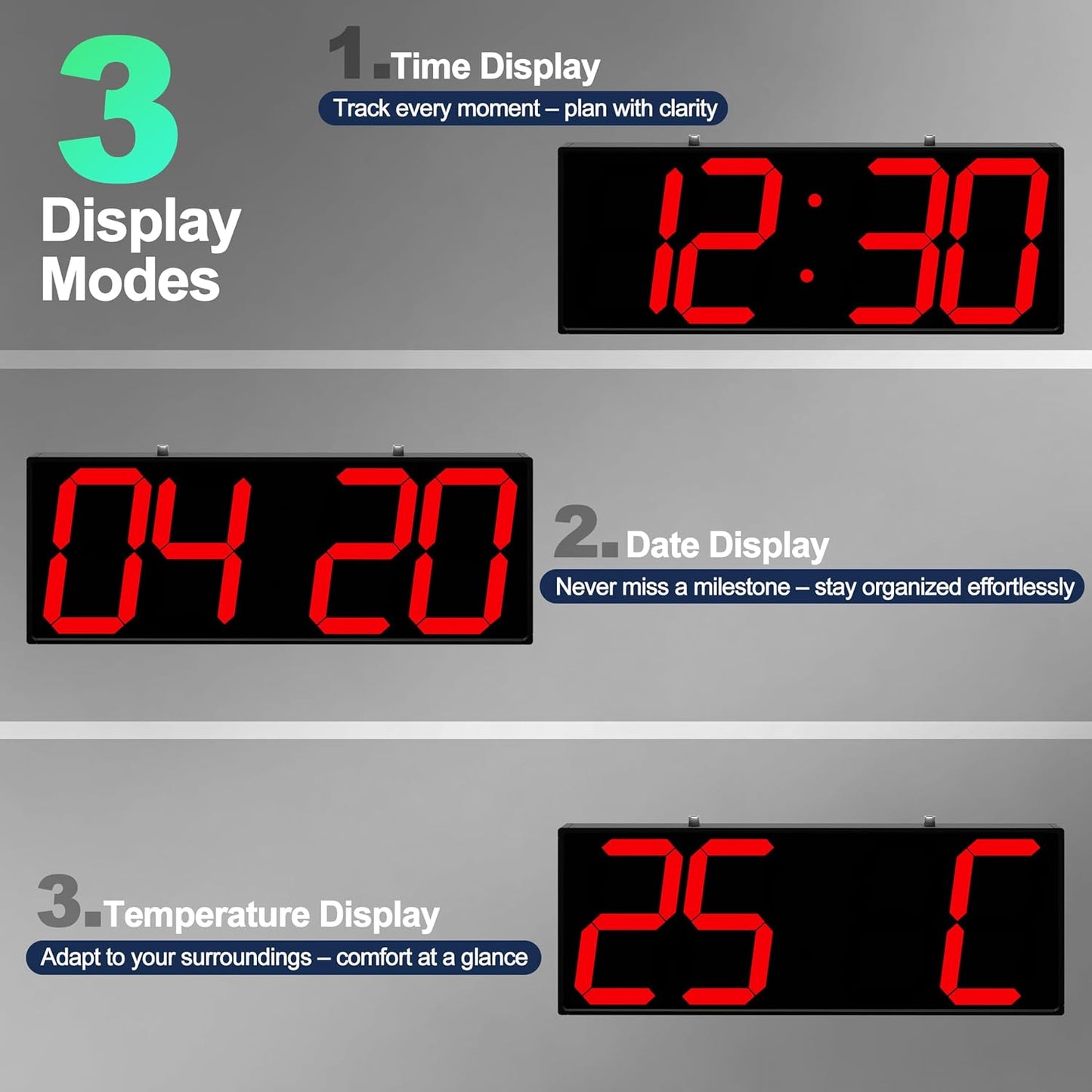 Digital Clock Large Display 19" with Remote Control,Double-Sided Clock, Suspended Design for Hospitals, Factories, Airports.