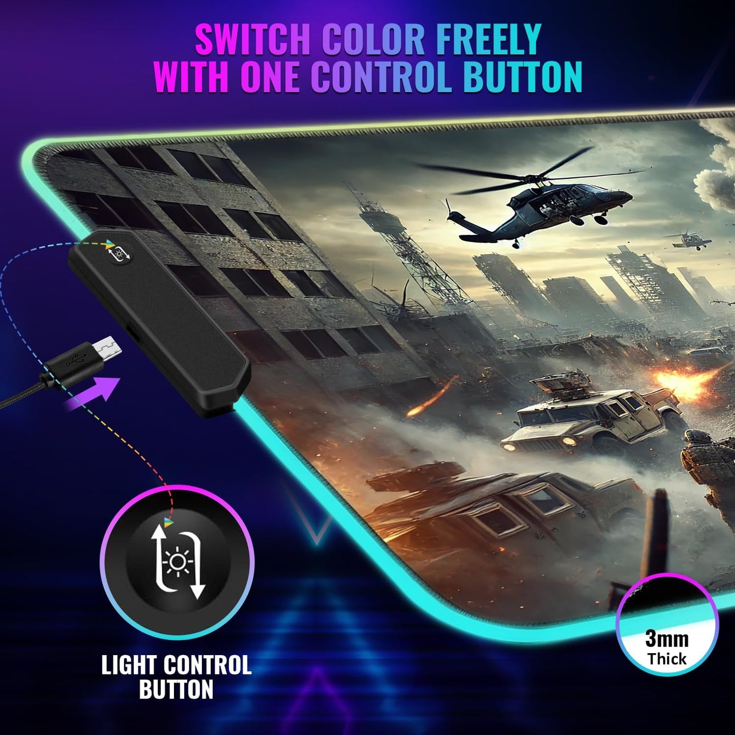 Gaming Mouse Pad - Desk Mat Gaming Mouse Pad , Medium Extra Large Extended Big Long Huge XL XXL and XXXL RGB LED Light Mousepad For a Computer , PC Mats Mousepads Urban Warfare