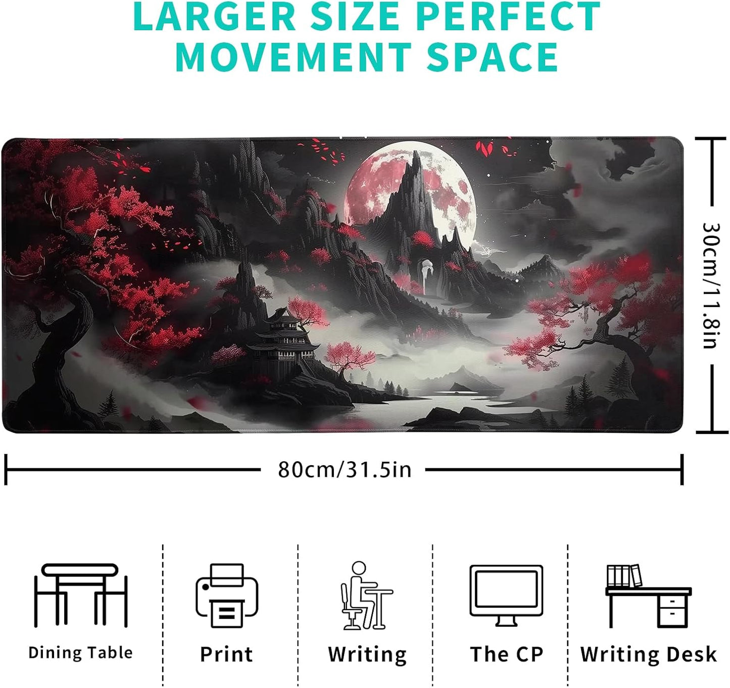 Japanese Desk Mat Red Full Moon Desk Pad Black Riverside Large Mouse Pad Gaming Mousepad Extended XL Keyboard Pad 31.5 x 11.8 in Laptop Computer Mouse Keyboard Mat for Office Desk Decor