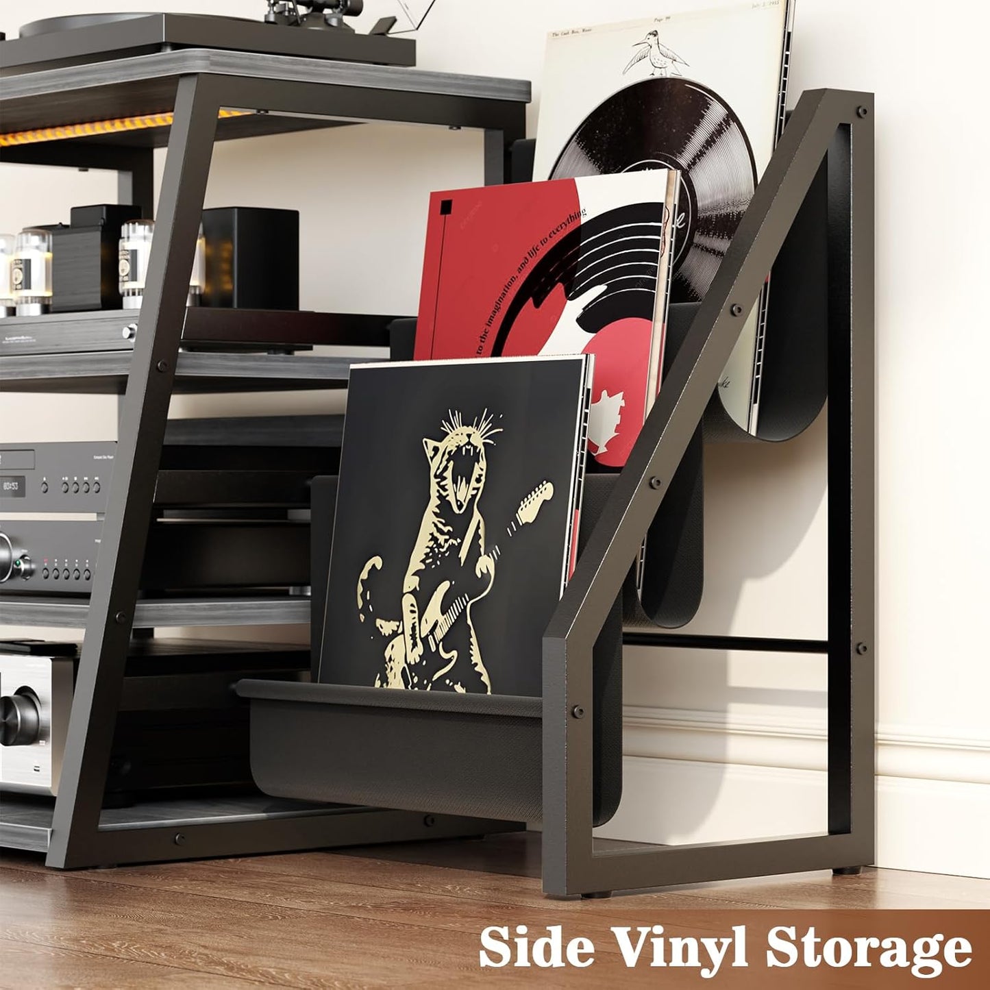 AV Media Stand with Outlets, Stereo Stands and Racks with Vinyl Storage, Stereo Stand with Record Storage, Audio Stereo Rack Cabinet, Turntable Console Stand with LED lights, 4 Tiers, Walnut Grey