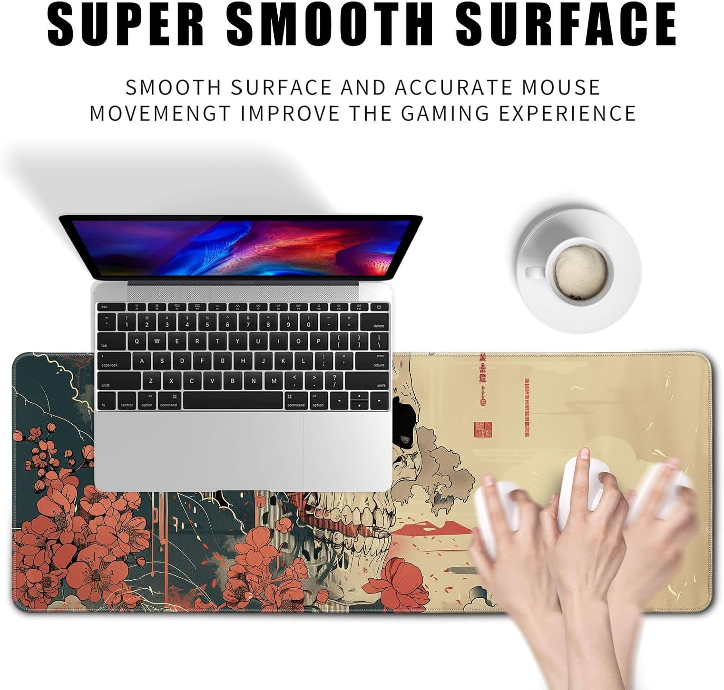 Skull Mouse Pad Japanese Ukiyo-e Mouse Pad XL Anime Big Mouse Pads for Desk Large Gaming Large Mouse Pad for Men Desk Pad with Stitched Edges Non-Slip Large Computer Mat, 31.5x11.8 in