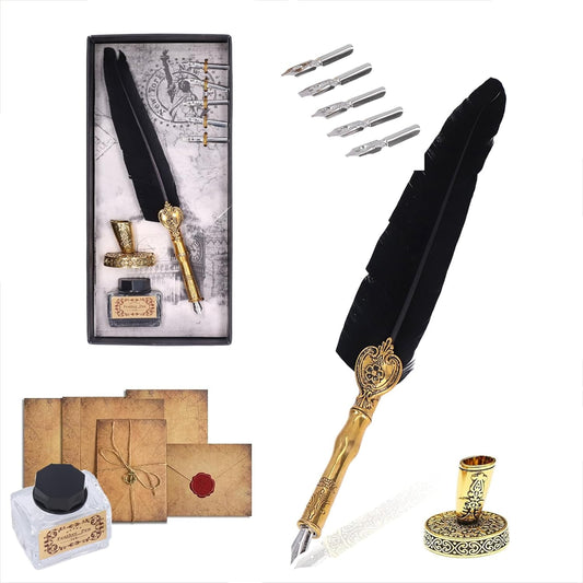 Feathe Quill Fountain Pen Ink Set, Fountain Pen Kit, Exquisite Vintage Elegant Calligraphy Inks Set with 5 Nibs 1 Base 1 Empty Bottle for Signing Writing Supplies(Without Ink) (Black)