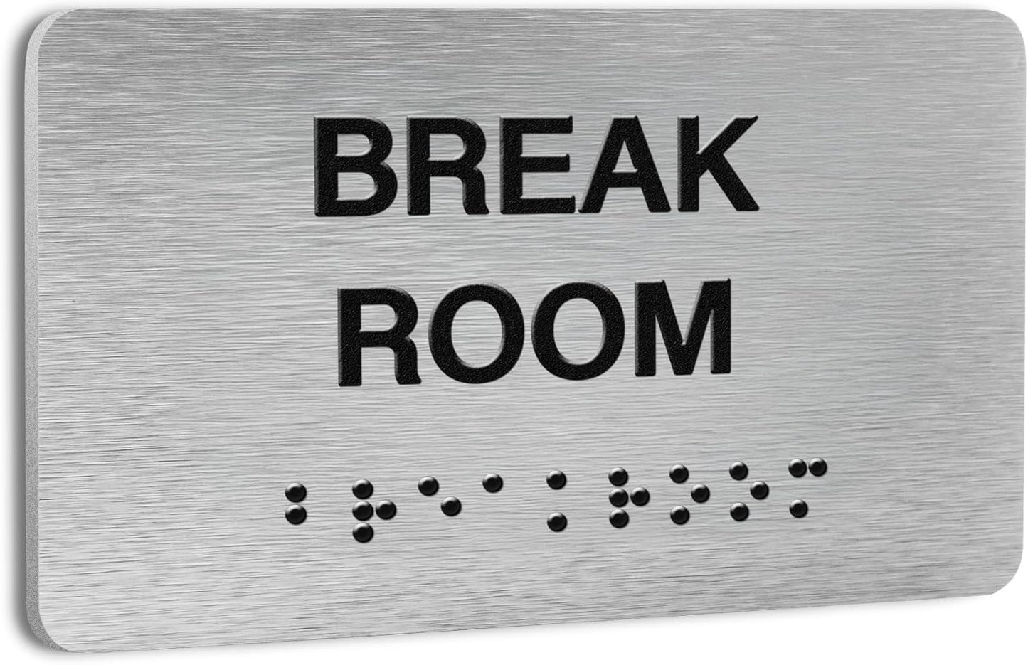 Break Room Signs for Business and Office Sign, ADA Signs with Raised Text & Grade 2 Braille, Easy Installation with Adhesive Pad – Brushed Aluminum/Silver