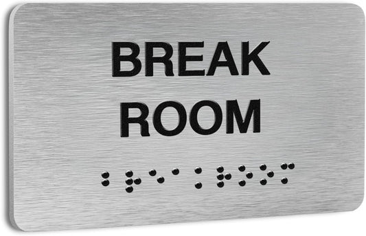 Break Room Signs for Business and Office Sign, ADA Signs with Raised Text & Grade 2 Braille, Easy Installation with Adhesive Pad – Brushed Aluminum/Silver