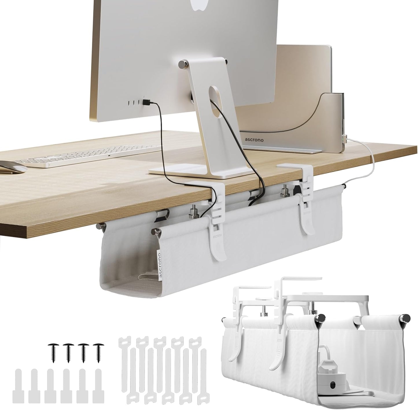 Original No Drill Under Desk Cable Management Tray 27.3" - Premium White Fabric Cable Management Under Desk - Clamp/Screw Mount Cord Organizer - Supports Upto 66lbs