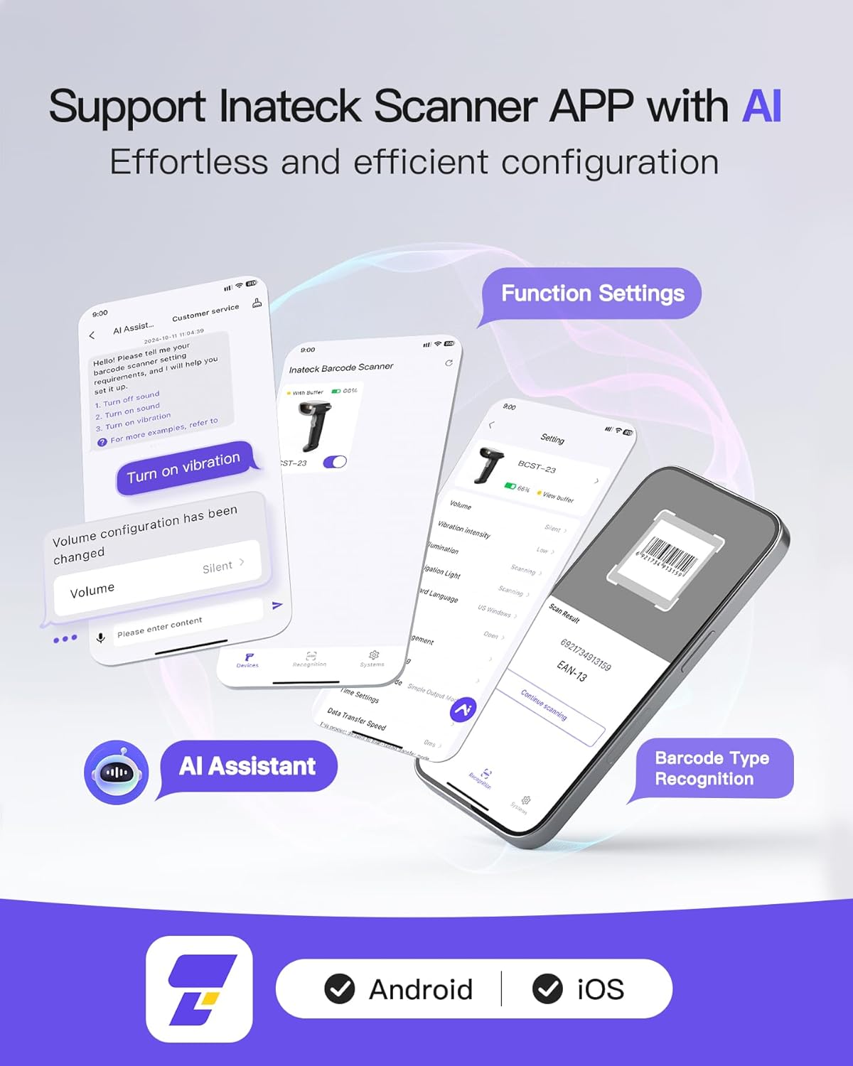 Inateck 2D Barcode Scanner, Wireless Bluetooth QR Barcode Scanner, Handheld Scanner with APP and SDK, 1 Charge for 3 Months, BCST-23 Gray