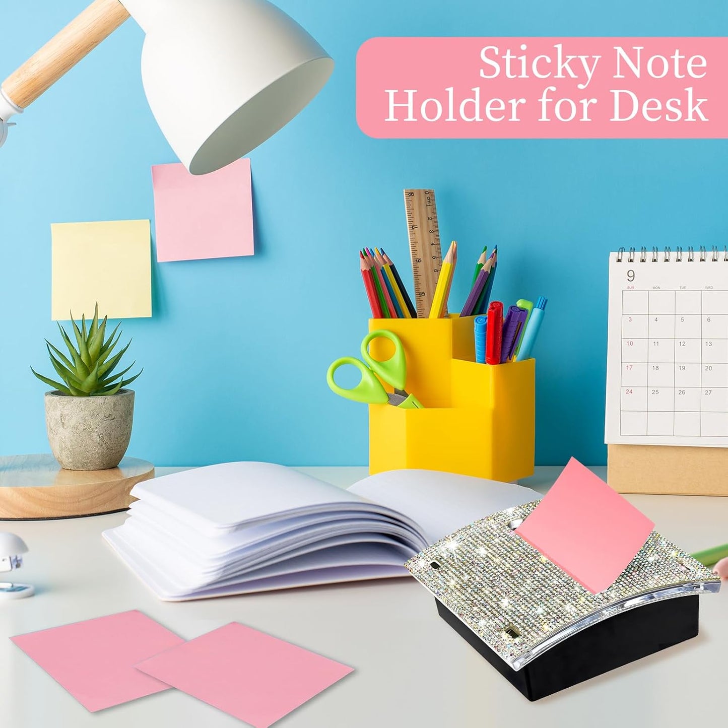 Rhinestone Self Sticky Note Holder Post it Note Dispenser Pop-Up Sticky Notes Dispenser 3 x 3 inch Post it Dispenser for Office Desk Accessories(Gold)