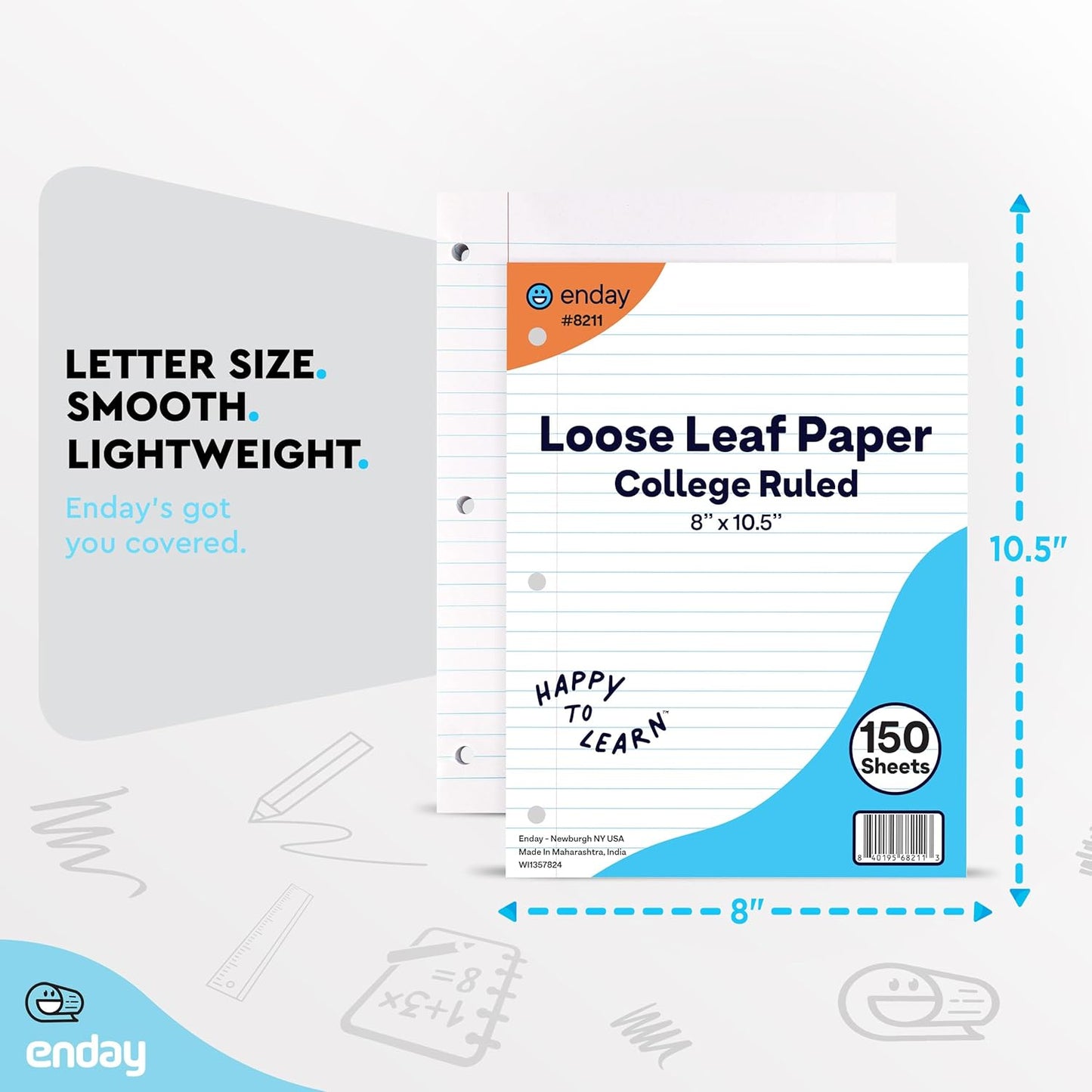 Loose Leaf Paper Bulk, 7200 Sheets, College Ruled, (48 Pack) 150 Sheets Per Pack, 8" x 10.5" White Filler Paper, 3 Hole Punched Binder Paper for 3 Ring Binders, Notebook Paper - By Enday