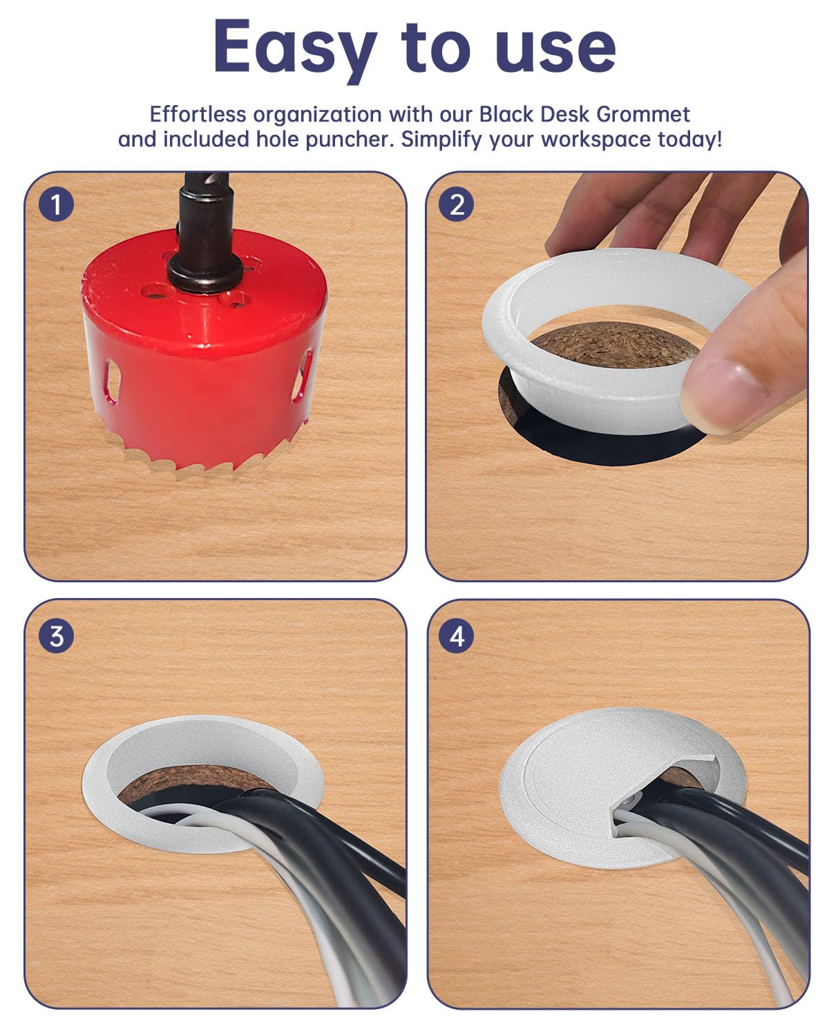 Desk Grommet 2 inch (50 mm) 10 Pack - White ABS Plastic Cable Hole Cover with Hole Cutter for TV, Office, and Home Table - Hide Wires Behind Wall, TV Wall Cable Pass Through