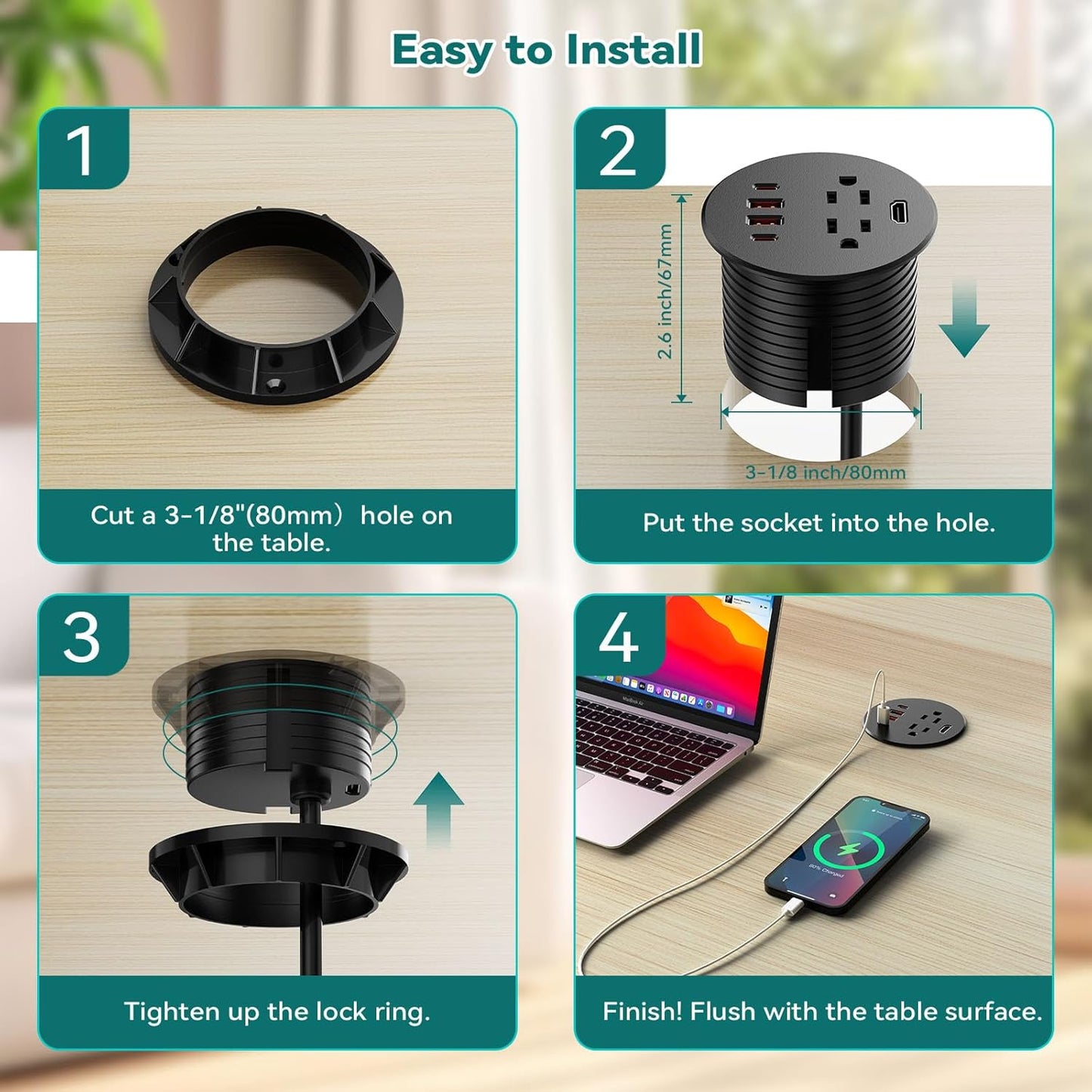QBA Recessed Power Grommet with 35W USB C, 3-inch Flush Mount Desk Power Outlet, 2 Outlets, 4 USB Ports, 1 HDMI Port, for Furniture Cabinet Home Office, ETL Listed