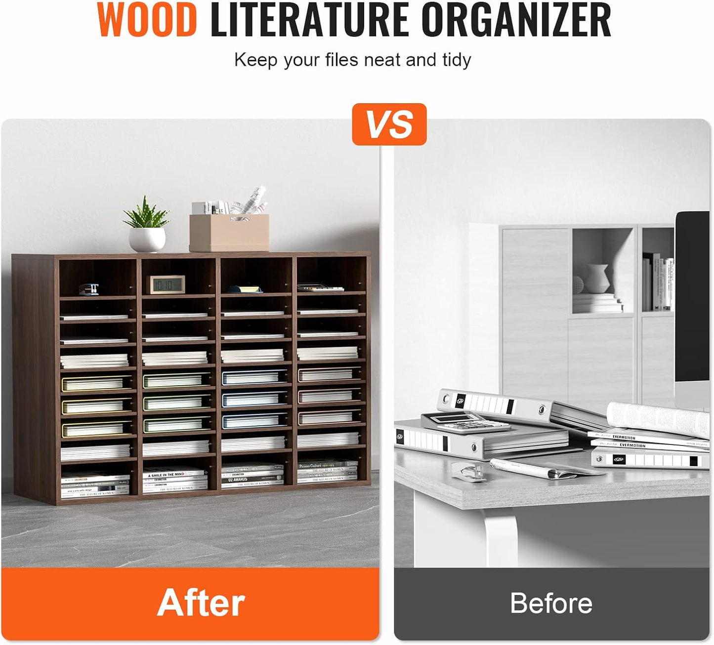 VEVOR Literature Organizer, 36 Compartments Office Mailbox with Adjustable Shelves, Wooden Mailbox Sorter Medium Density Fiberboard Office Home Classroom Storage for Files, Documents, Papers, Grey