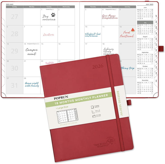 POPRUN Monthly Planner 2025-2026 (Large- 8.5" x 10.5" Soft Cover), 18-Month Calendar Book (Jul.2025-Dec.2026), Calendar Planner with Monthly Tabs & Pocket, 100 GSM Paper - Burgundy