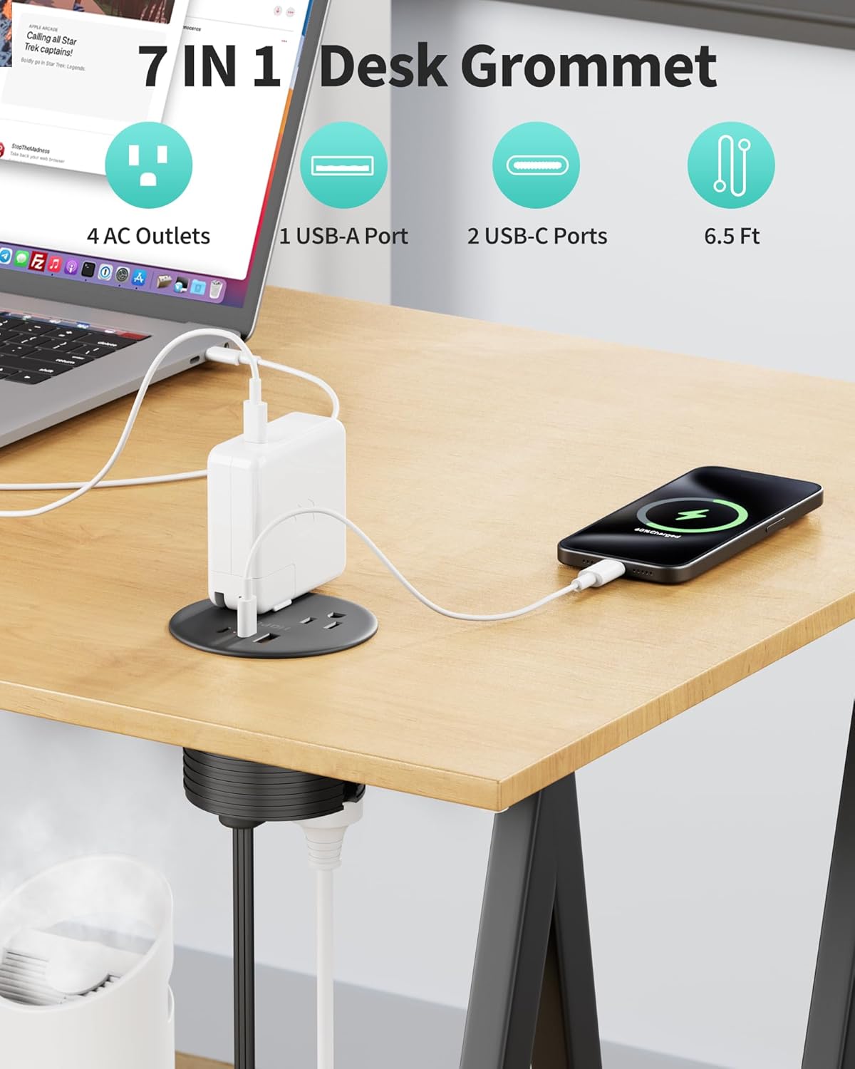 Recessed Desk Power Grommet with 4 AC Outlets 3 USB Ports (2USB C), Dual-Sided Flush Mount Outlet Charging Station for Desktop, Conference Room, Furniture Table, 6.5 FT Cord, Black