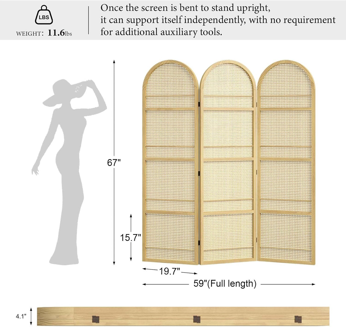 Rattan Room Divider with Built-in Bookshelf | Foldable Privacy Screen & Portable Partition for Home Office, Bedroom, Reading Nook | Wooden Frame, Freestanding Design (Natural-Rattan)