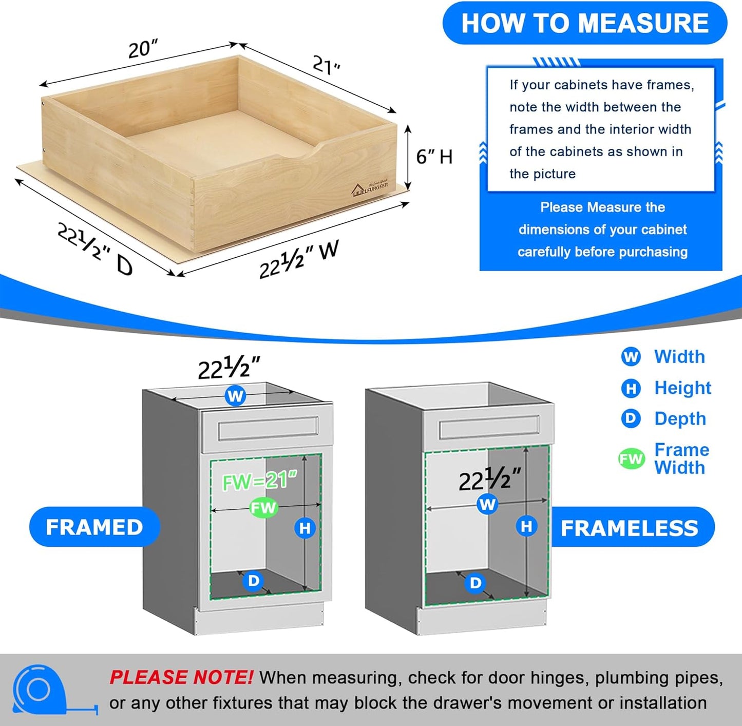 WelFurGeer Soft Close Pull Out Drawer for Kitchen Cabinets, 20" W x 22" D Pull Out Cabinet Organizer, Heavy-Duty Cabinet Organizer with Easy Installation, Space-Saving Pullout Drawer for Home, Kitchen