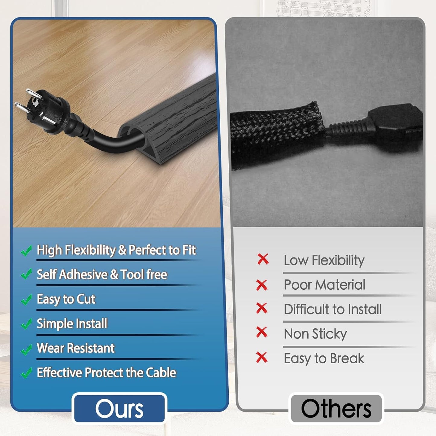 Floor Cord Cover for Wires on Floor Self Adhesive Cord Hider Floor Cable Management Wire Covers for Cords Protector Prevent Cable Trips Cord Cavity W 0.32" x H 0.32", Deep Gray Wood, 20Ft