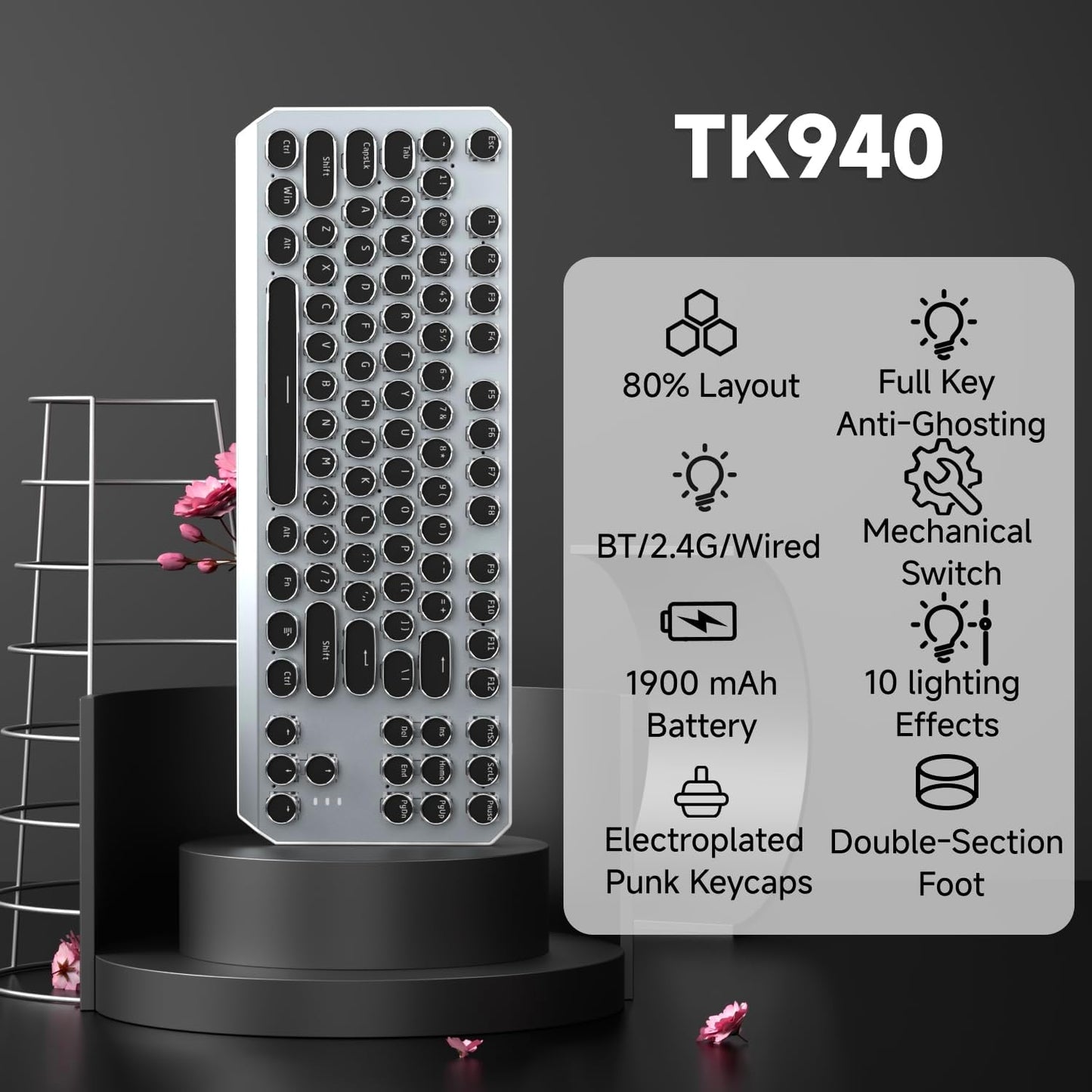 EWEADN Wireless Mechanical Typewriter Keyboard,80% Layout with White Backlit, Anti-Ghosting, Blue Switch Bluetooth/2.4GHz/USB-C Aesthetic Keyboard-Black