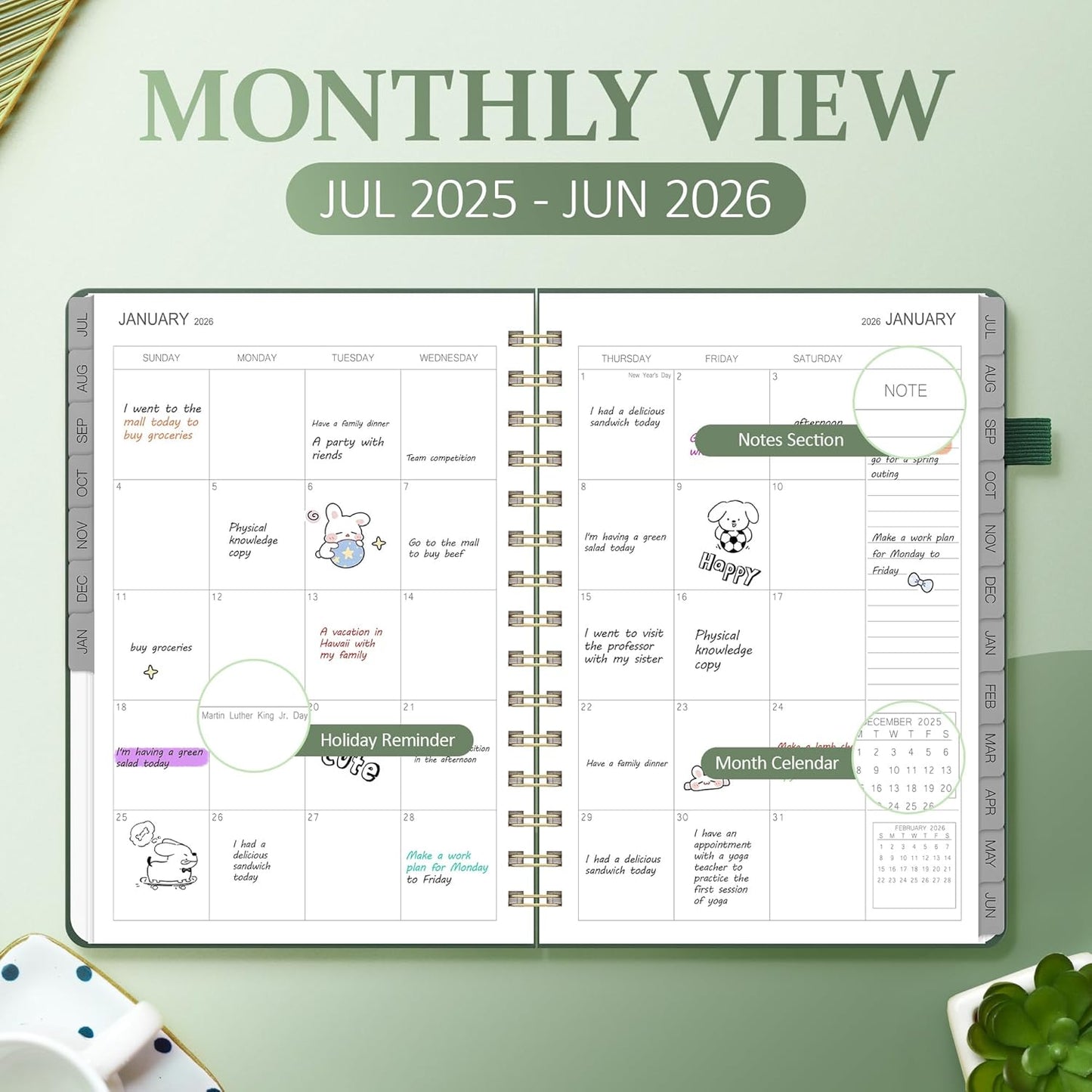 Planner 2025-2026 Weekly and Monthly, July 2025 - June 2026, Hardcover Spiral Bound with Tabs, Inner Pocket, A5 (6.3"x8.5") - Ideal for Teachers, Students & Professionals, Green