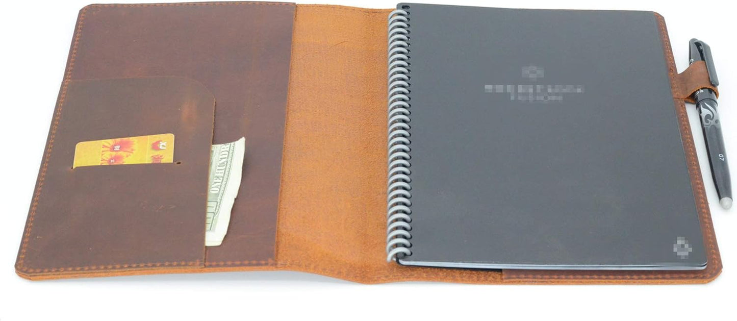 JJNUSA Compatible with Rocketbook Cover Smart Business Genuine Leather Notebook Cover for Everlast, Fusion, Wave, Moleskin A5 with Pen Loop & Business Card Holder, Executive 6" x 8.8" Brown