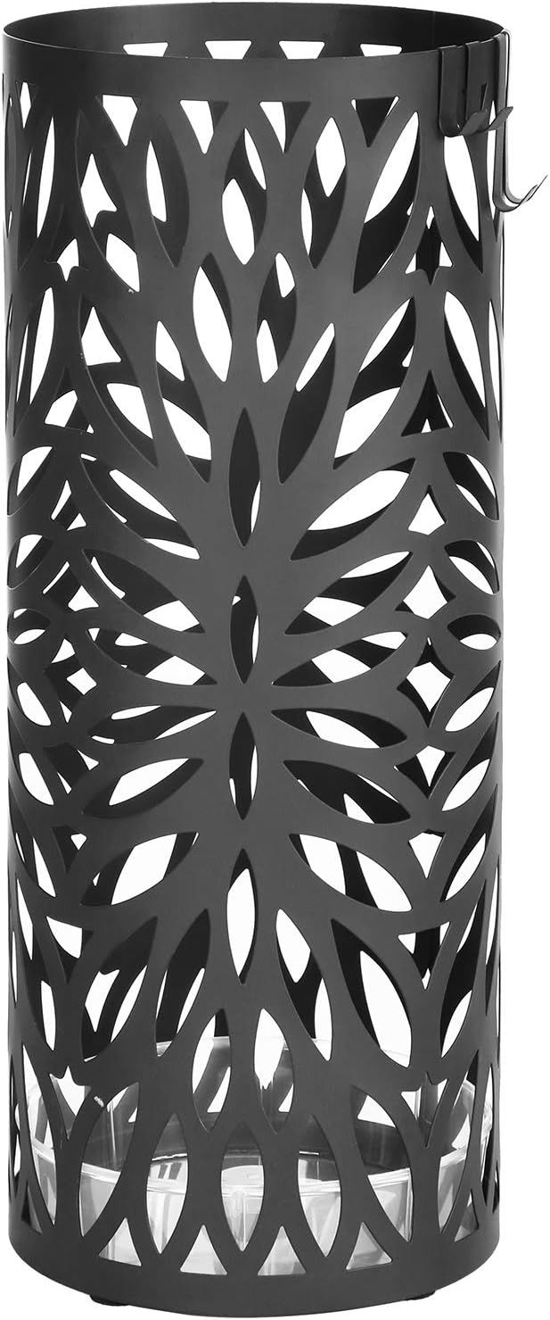 SONGMICS Umbrella Stand, Umbrella Holder for Entryway, Steel Round Umbrella Rack Freestanding, for Canes Walking Sticks, with a Detachable Drip Tray, 2 Long and 2 Short Hooks, Matte Black ULUC20B