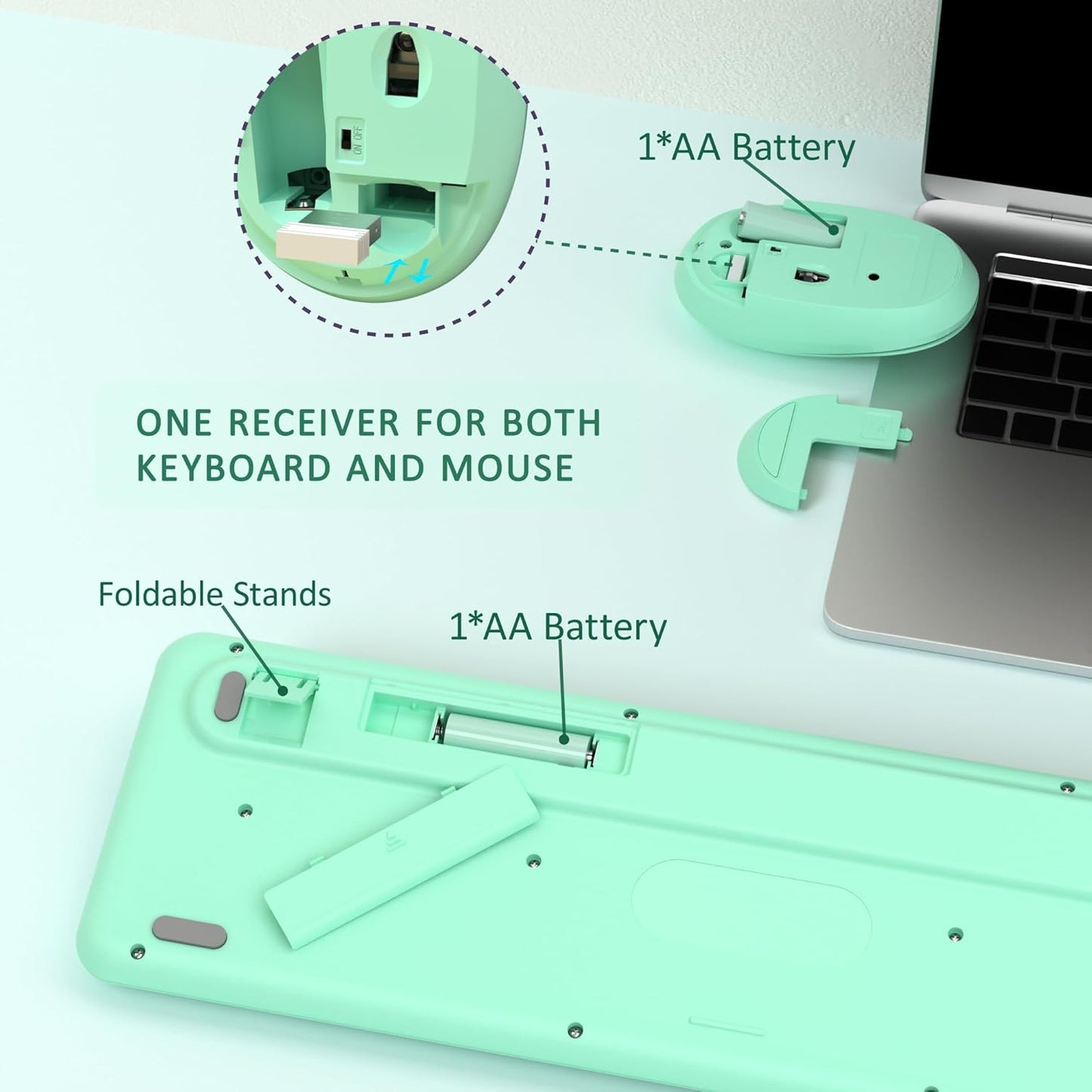 Colorful Wireless Keyboard and Mouse Combo, COVEVA 2.4GHz Wireless Retro Cute Round Keycaps Keyboard, 104 Keys Full-Sized Keyboard Mouse Set with Switch Button for PC Laptop Desktop (Green Colorful)