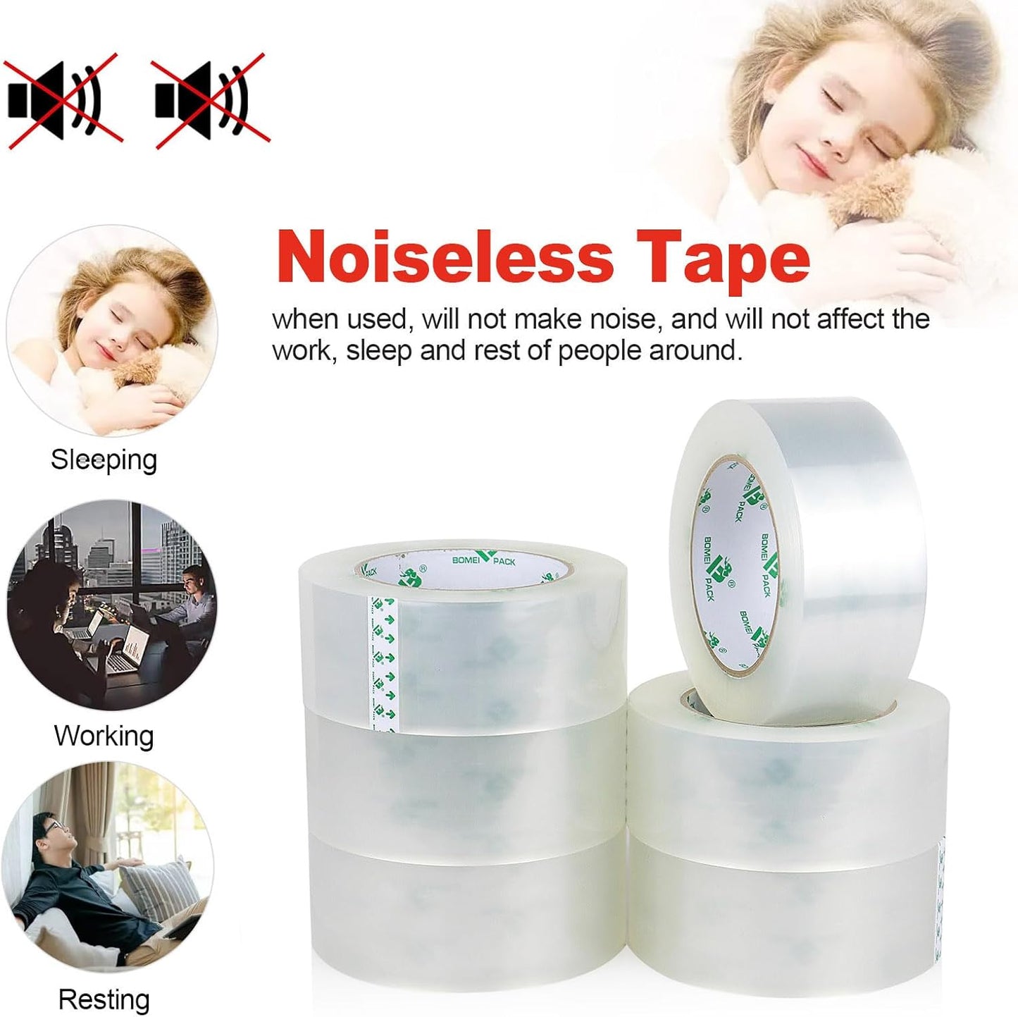 BOMEI PACK Silent Packing Tape, 2.4Mil x 1.88” x 110yds, Heavy Duty Clear Packaging Tape for Moving Boxes, 6 Rolls