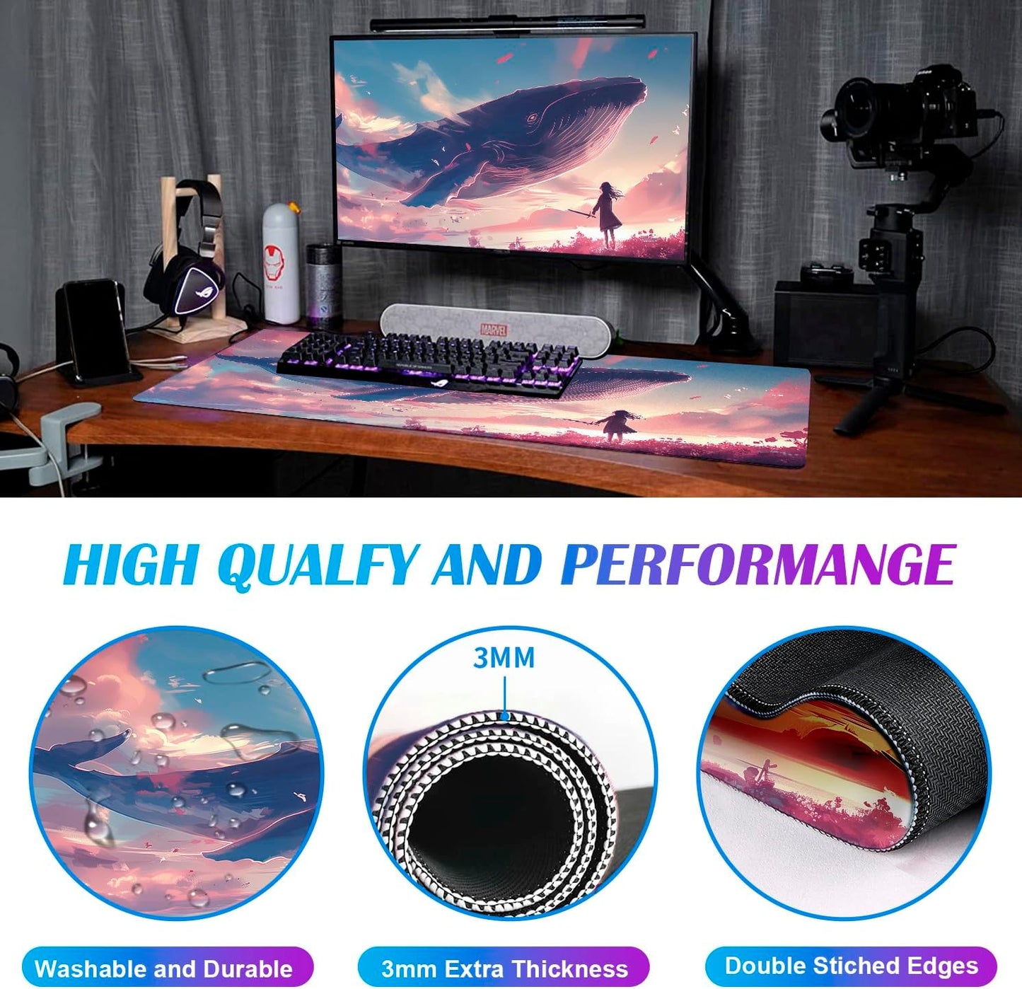 Cute Sky Whale Fish Dream Fantasy Mouse Pad, Stitching Edge Computer Game Keyboard Pad Whale, Large Women's Office Desk Accessories Decorative Mouse Pad 35.4 x 15.7 Inches