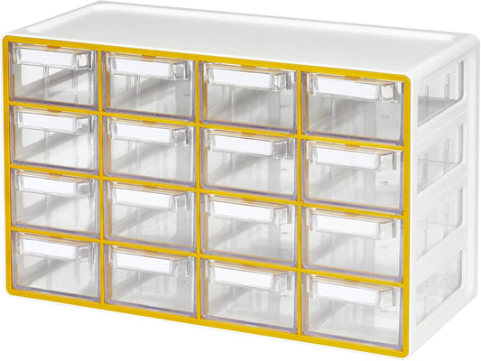 Blue Ginkgo Medium 16-Drawer Cabinet – Stackable Clear Organizer for Hardware, Beads, Plastic Bricks, Office, and Craft Storage (Made in Korea, Yellow)