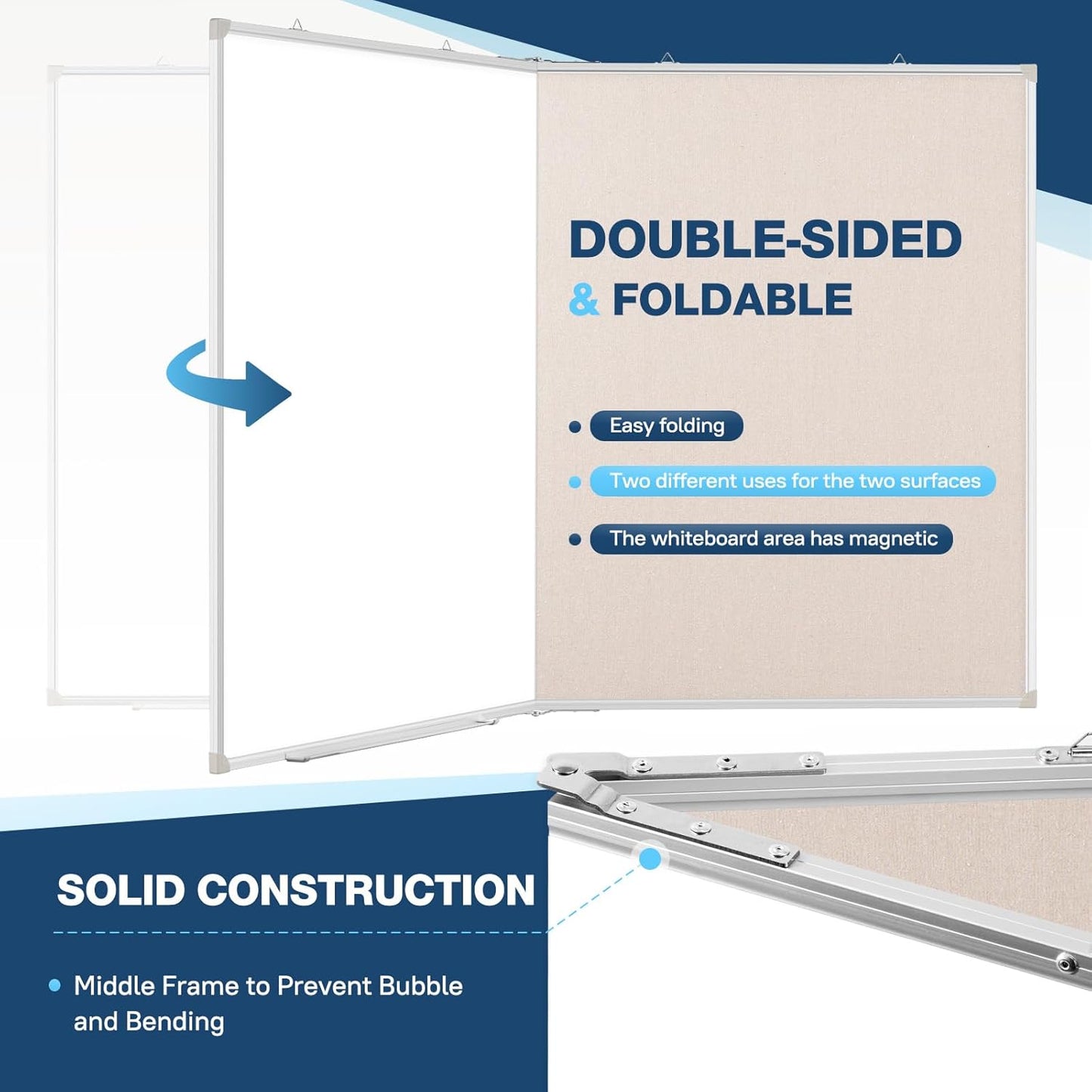 Large White Board Dry Erase Foldable Bulletin Board Combo, 48" x 36" Double Sided Dry Erase Board for Wall, Magnetic Whiteboard Bulletin Board with Linen for Office, Home, School, Kitchen -White