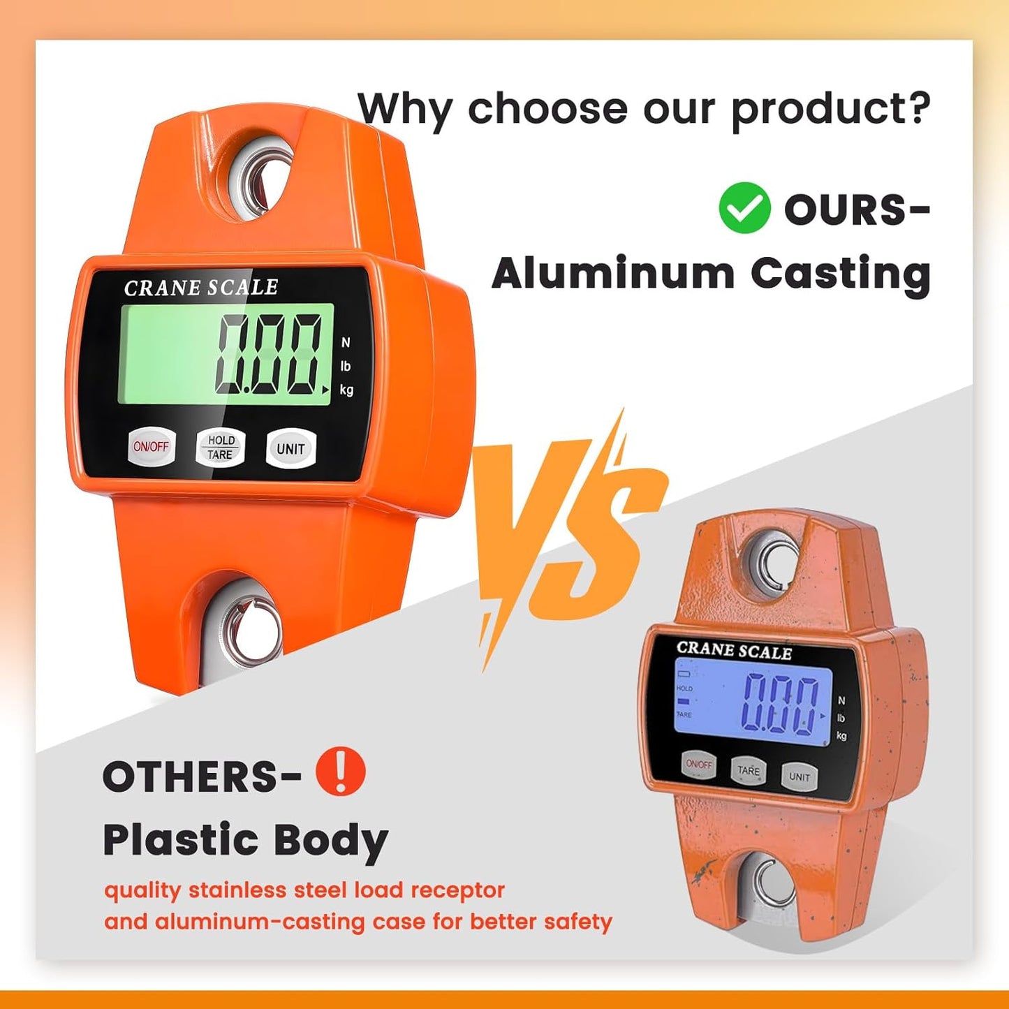 Digital Hanging Scale, 1102lb Crane Scale, 500kg Orange Digital Electronic Weighing Scale with LCD Display for Hunting, Outdoor, Bass Fishing, Big Game, Farm