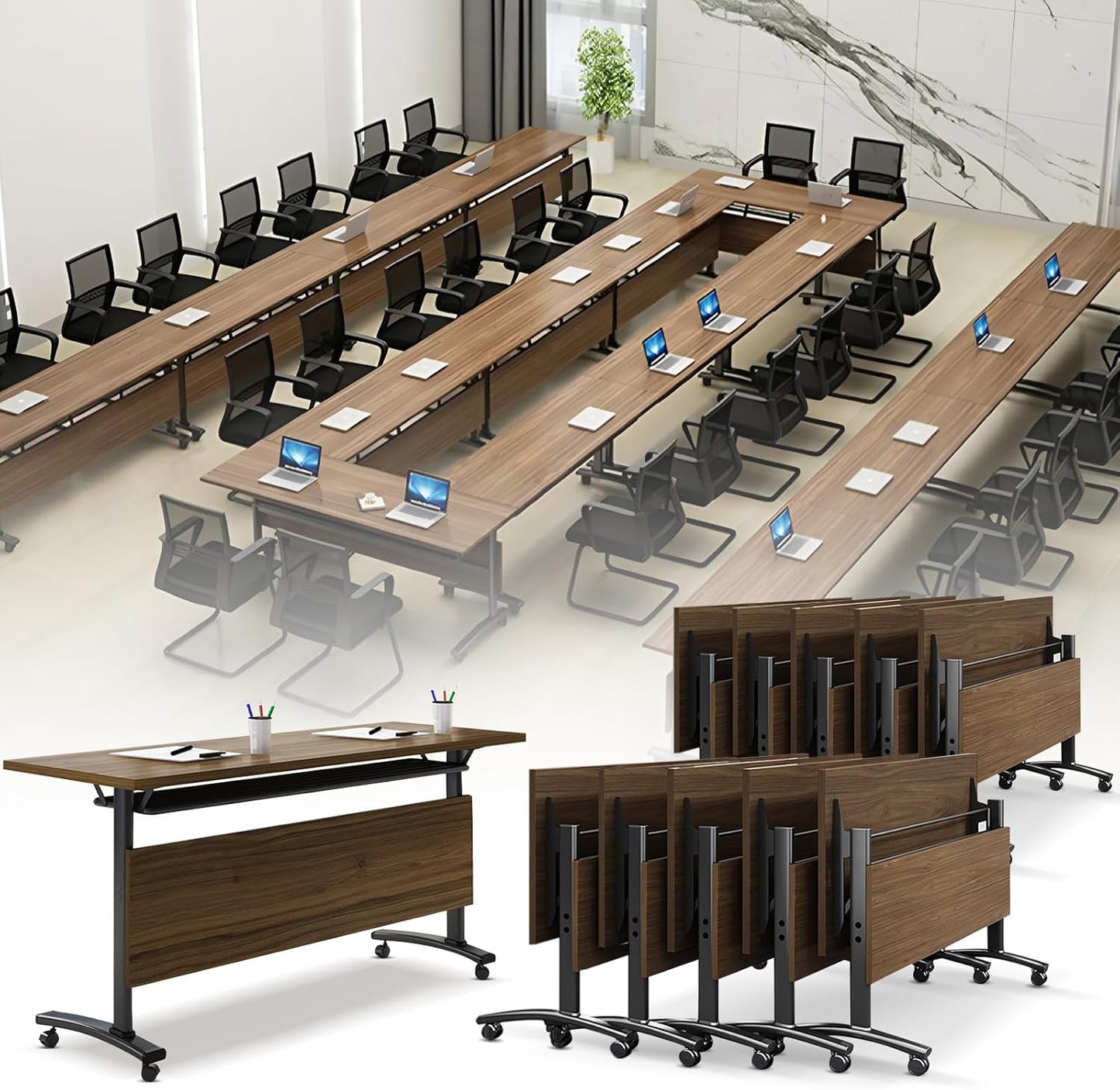 Folding Conference Room Table, Modern Conference Tables with Wheels, Large Rectangular Mobile Training Tables for Office Classroom, Foldable Modular Boardroom Seminar Table Walnut (10pack L47.2in)