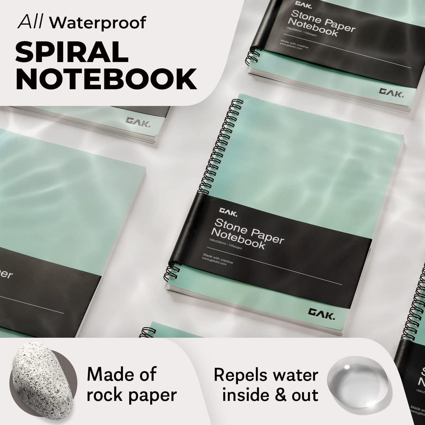 GAK. Stone Paper Waterproof Sheet Spiral Notebook (M Size) – 5.8”x8.3”, 50 sheets, Stone Paper Notebook Journal Note Taking - Waterproof Notepad College Ruled Paper Black Notebook Aesthetic School
