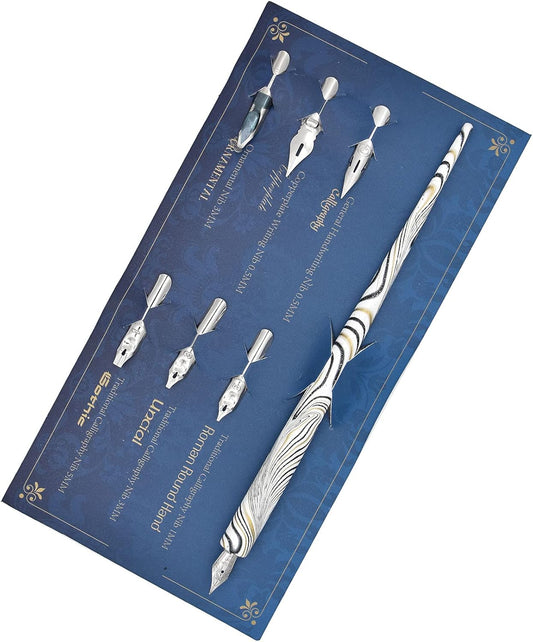 Gullor Wooden Dip Pen Calligraphy Set with Black Ink & 6 Nibs for Beginners, Kids, Writing, Signatures and Drawing, White