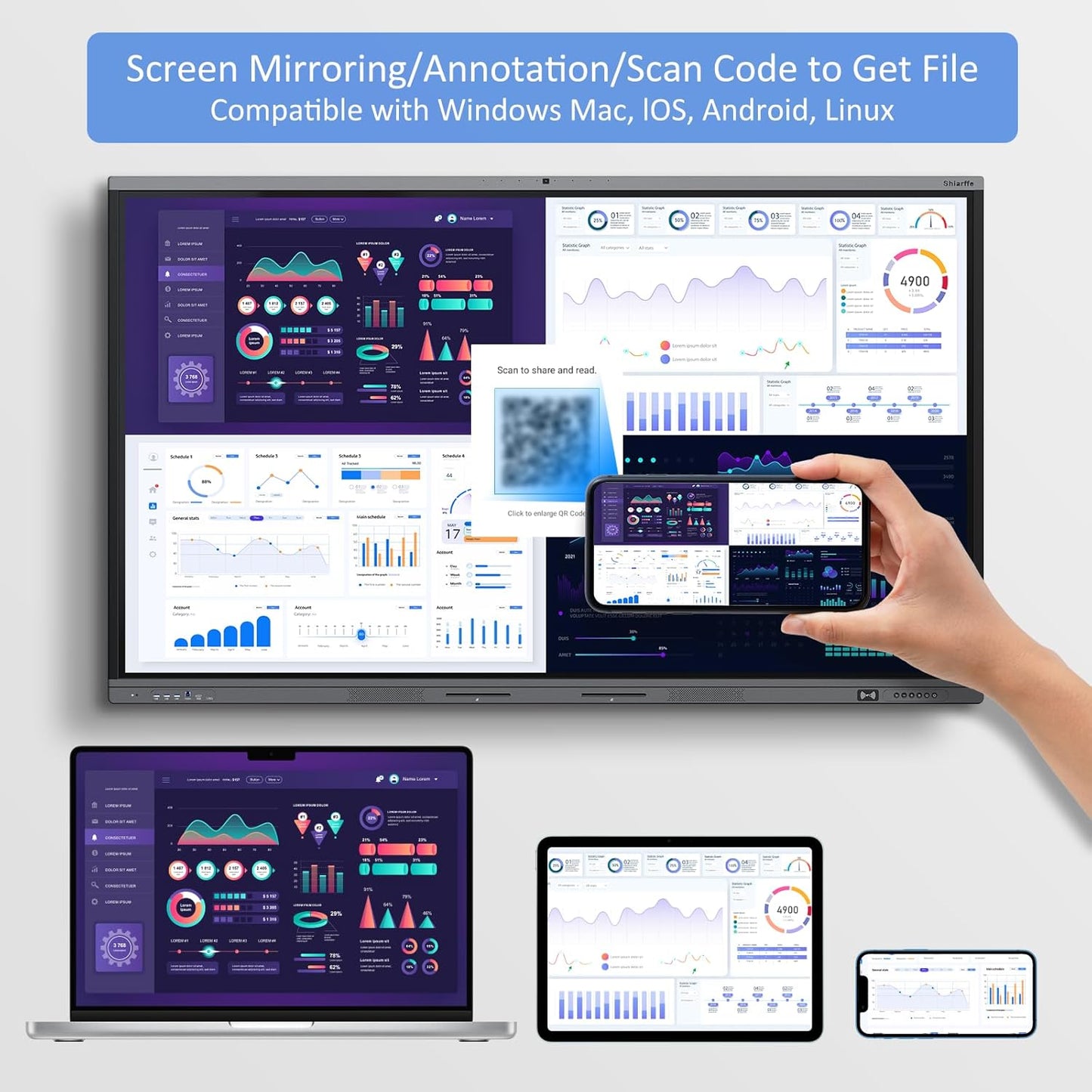 Shiarffe X5 Smart Board 75" 4K Interactive Whiteboard Google EDLA-Certified for Classroom Office Homeschool, OTA Software Updates 8GB RAM + 128GB Storage, Octa-Core Android 14 OS