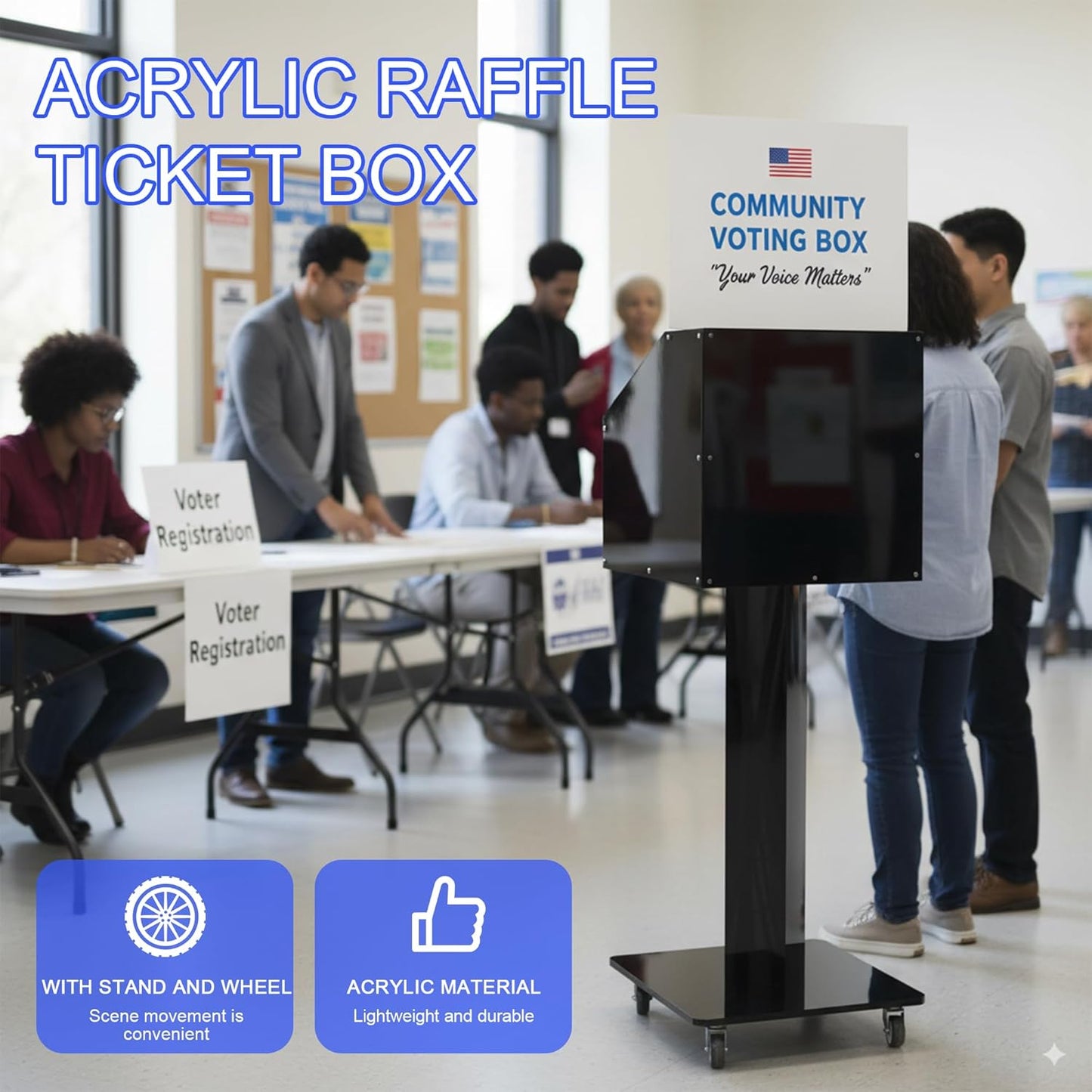 Large-Capacity Acrylic Suggestion Box with Lock & Sign Holder, Floor-Standing Ballot/Donation/Raffle Box on Stand with Wheels, 13.8 in Cube (39.6 in Tall), Black